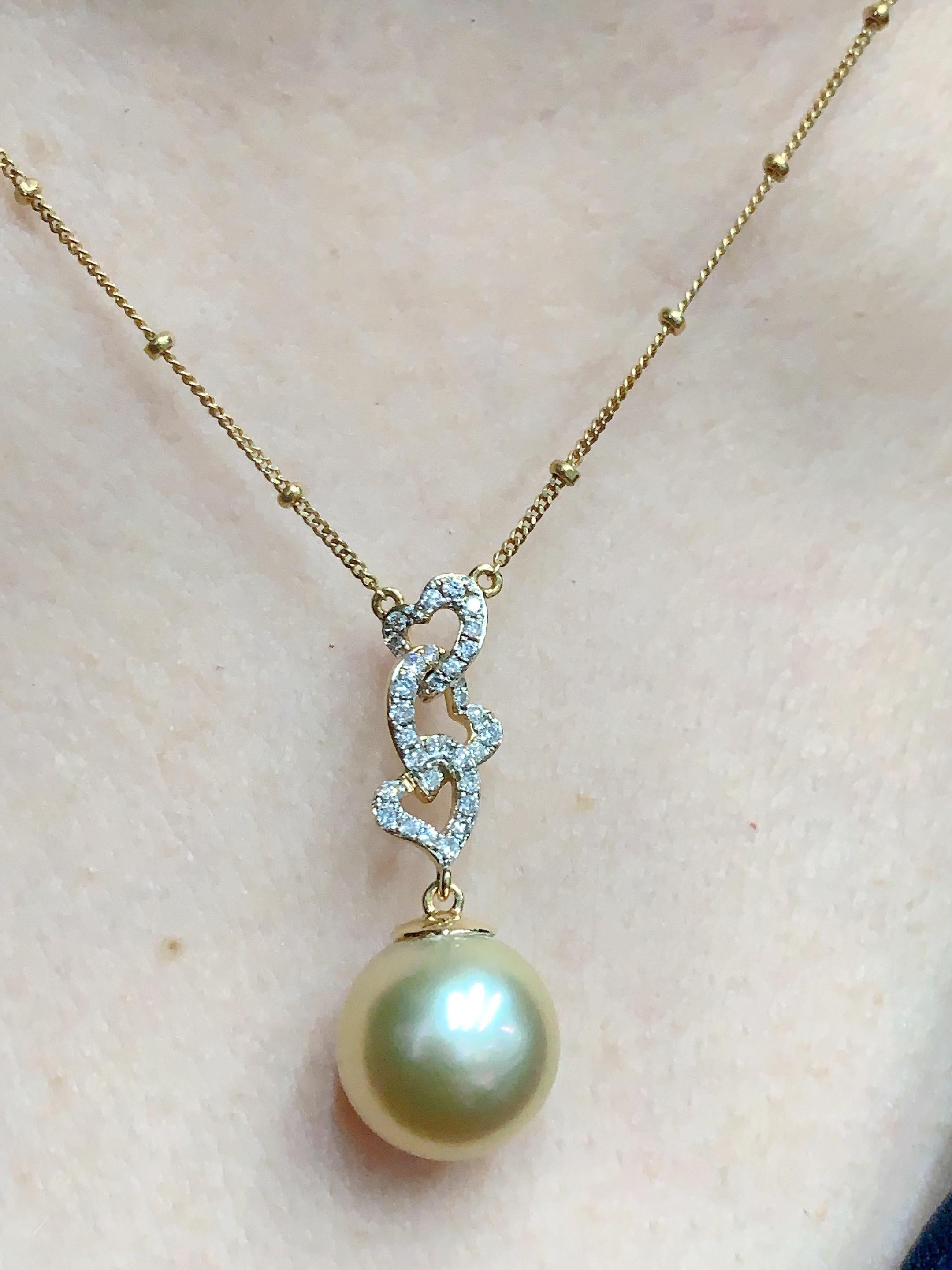 Ciondolo con diamante e perla dei mari del sud in oro Art Deco da 11 mm in oro giallo 18 carati in vendita 1