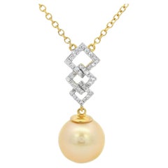Ciondolo con diamante e perla dei mari del sud in oro Art Deco da 11 mm in oro giallo 18 carati