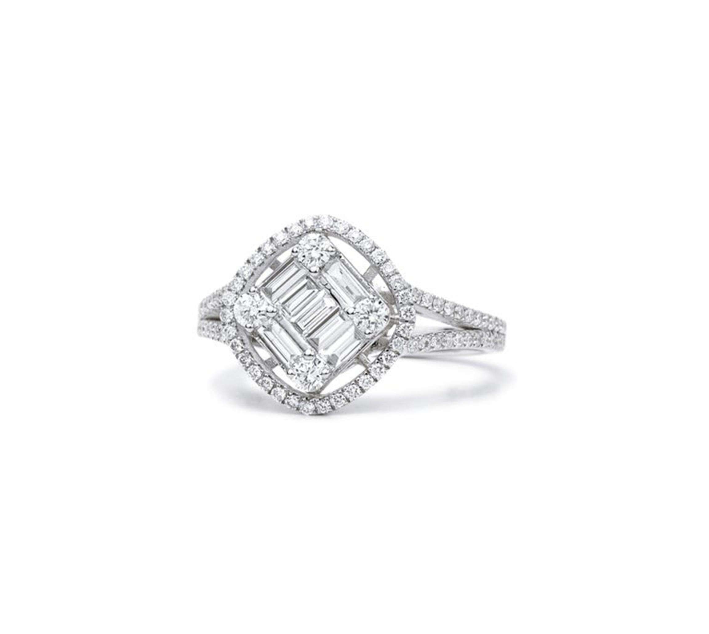 Anillo de cóctel con diamantes baguette Art Déco de 1,1 quilates en oro blanco de 18 quilates -  Declaración en venta 2