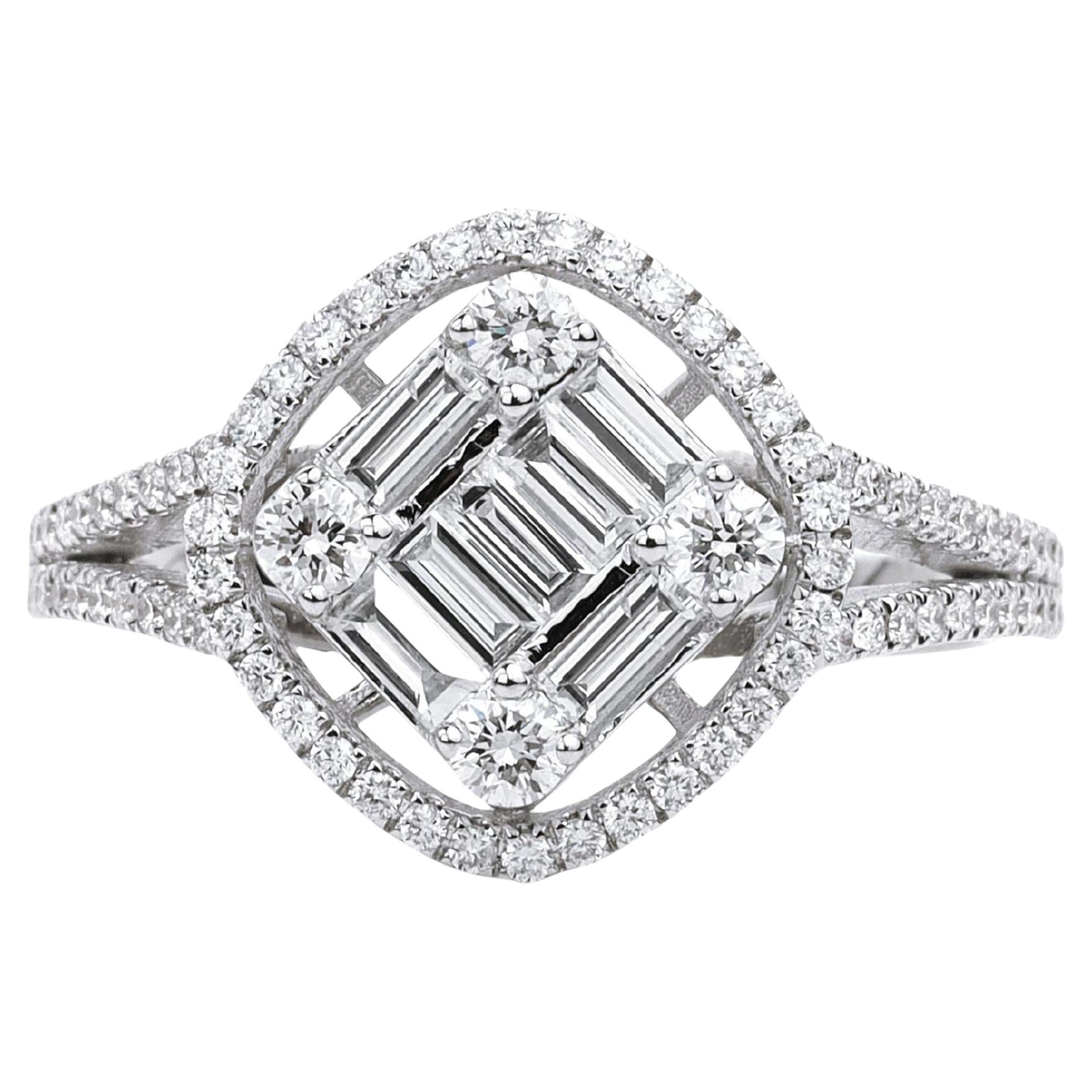 Anello da cocktail con diamante baguette da 1,1tcw in oro bianco 18 carati - Art Deco  Dichiarazione