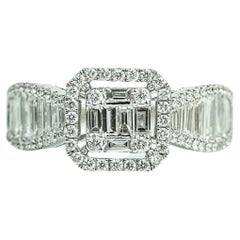 Anello di fidanzamento con diamante Baguette da 1,1 carati totali - Illusione aureolata in oro bianco