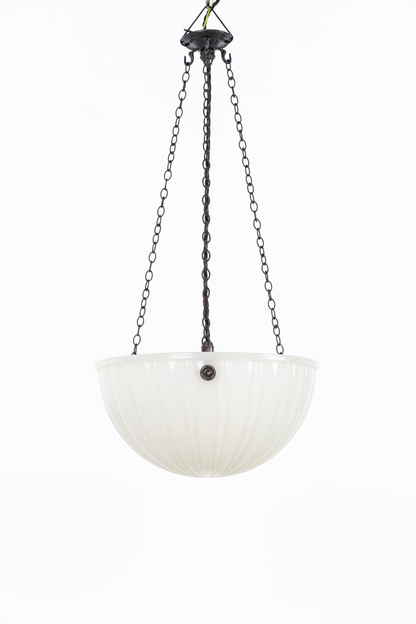 Art Deco 12" Antique Moonstone Opaline Glass Plafonnier Light Pendant, C.1930 For Sale