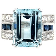 Vintage Art Deco 12 Carat Aquamarine Diamond Sapphire Gold Ring