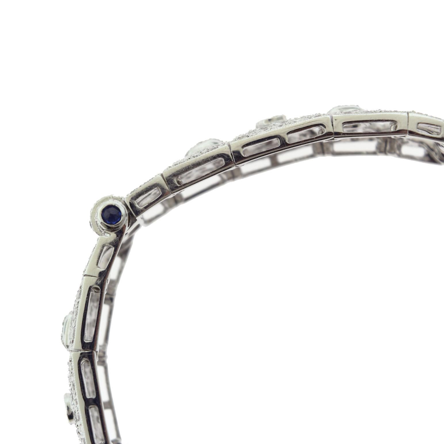 Brilliant Cut Art Deco 12 Carat Diamond Studded Bracelet with Sapphires in White Gold For Sale