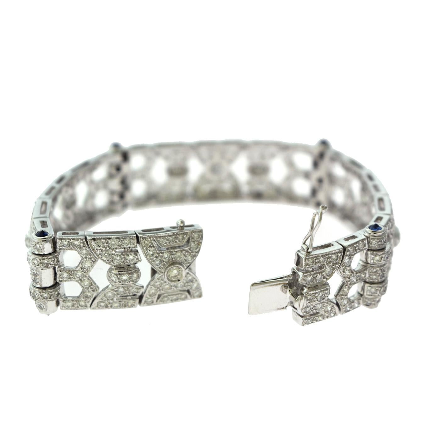 Art Deco 12 Carat Diamond Studded Bracelet with Sapphires in White Gold In Good Condition For Sale In Miami, FL