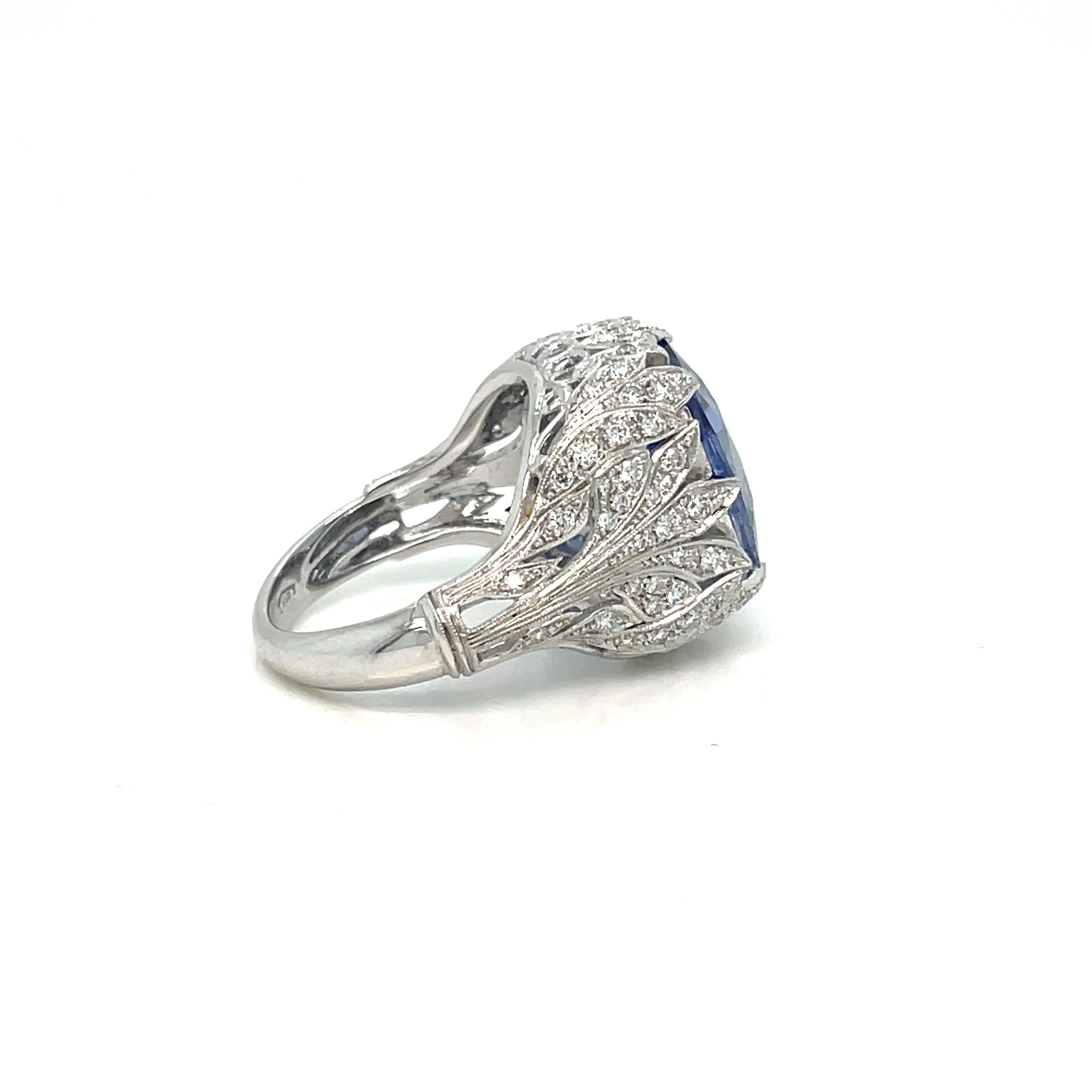 Cushion Cut Art Deco 12 Carat Sapphire Diamond Gold Ring For Sale