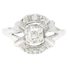 Art Deco 1.20 Carat Asscher Cut Diamond 14 Karat White Gold Cluster Antique Ring