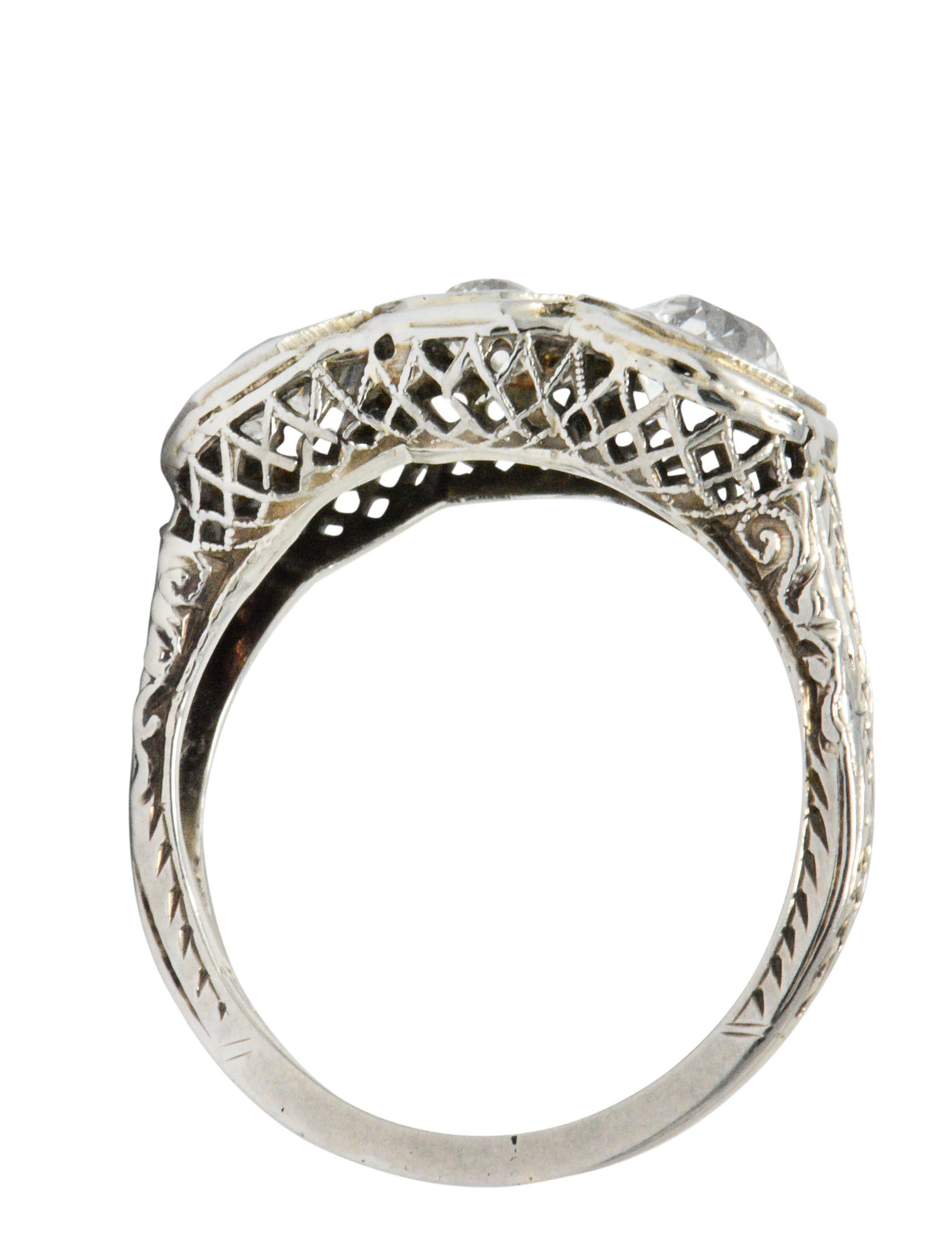 Art Deco 1.20 Carat Diamond 18 Karat White Gold 3-Stone Ring In Excellent Condition In Philadelphia, PA