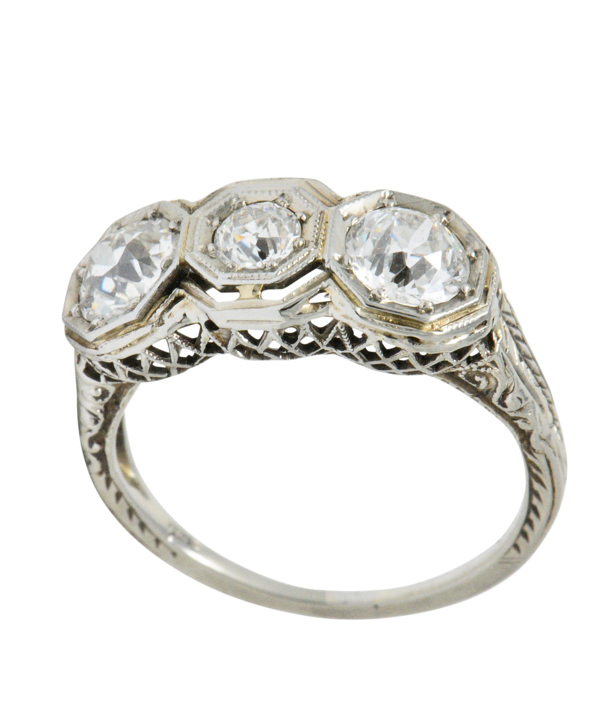 Women's or Men's Art Deco 1.20 Carat Diamond 18 Karat White Gold 3-Stone Ring