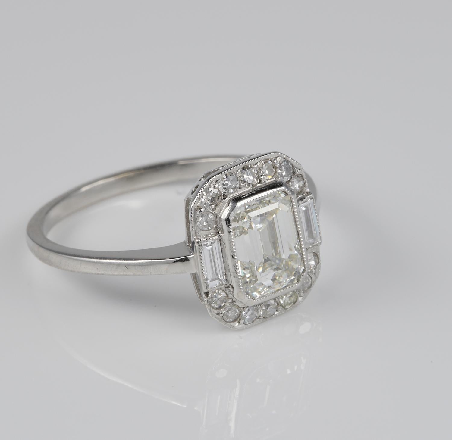 The Winning Deco Style!

This absolutely ever green and most desired style of the Art Deco period is the simple Emerald Cut Diamond flaked by baguette and round cut in a delicate designed frame to complement the main Diamond

This is an authentic