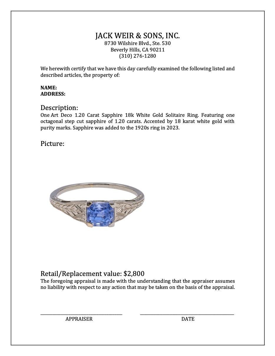 Art Deco 1.20 Carat Sapphire 18k White Gold Solitaire Ring For Sale 1
