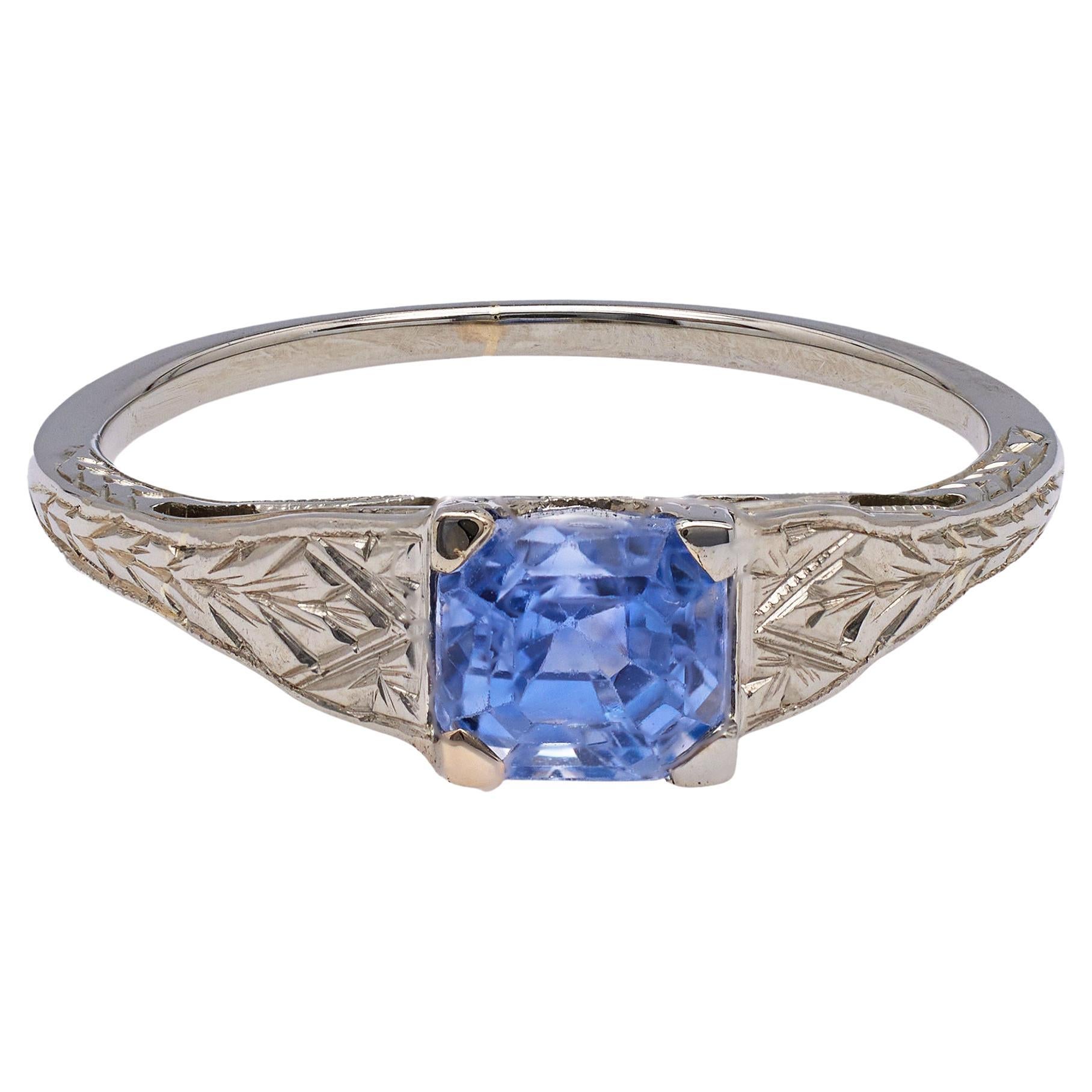Art Deco 1.20 Carat Sapphire 18k White Gold Solitaire Ring