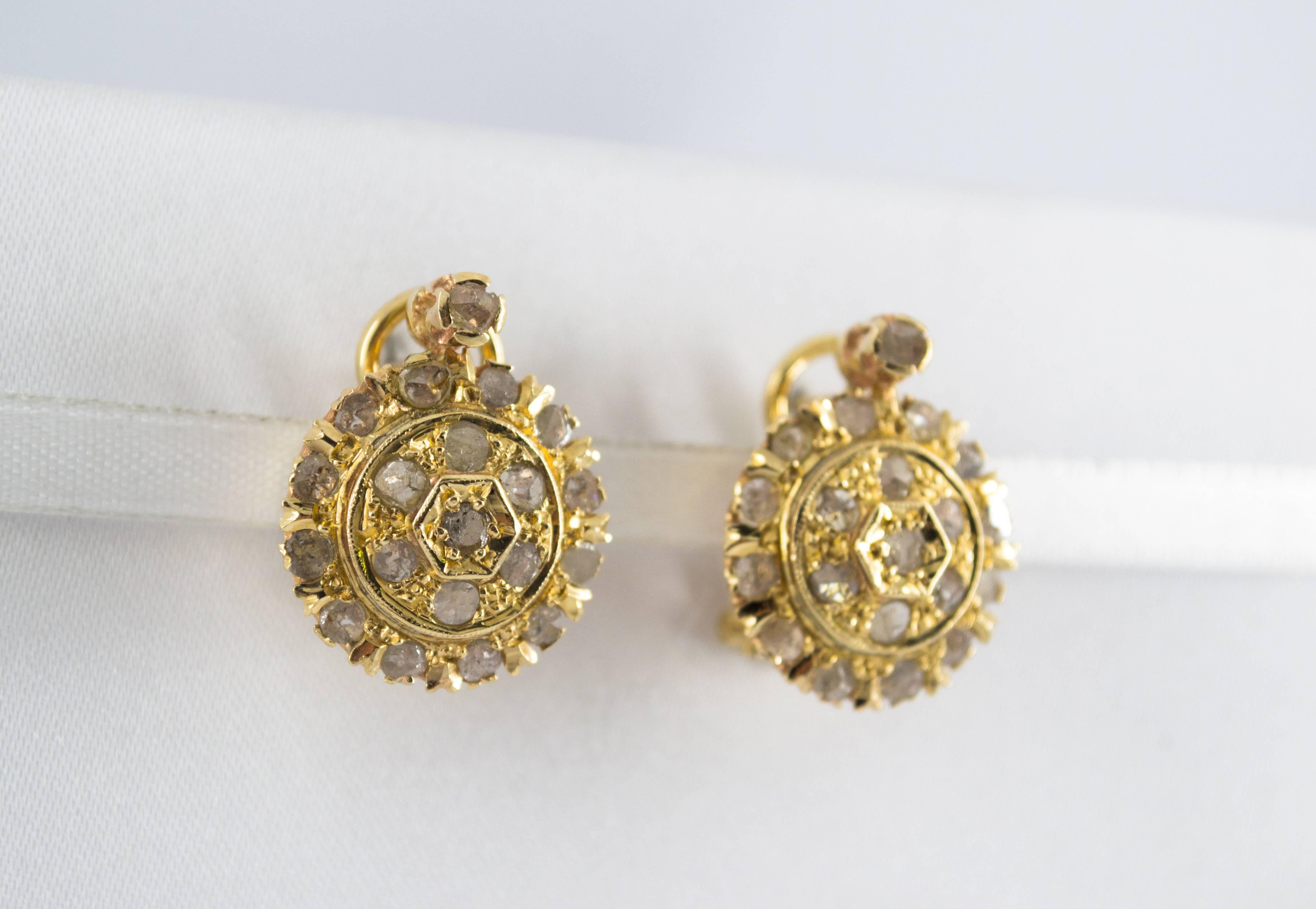 Art Deco Style 1.20 Carat White Rose Cut Diamond Yellow Gold Clip-On Earrings In New Condition For Sale In Naples, IT