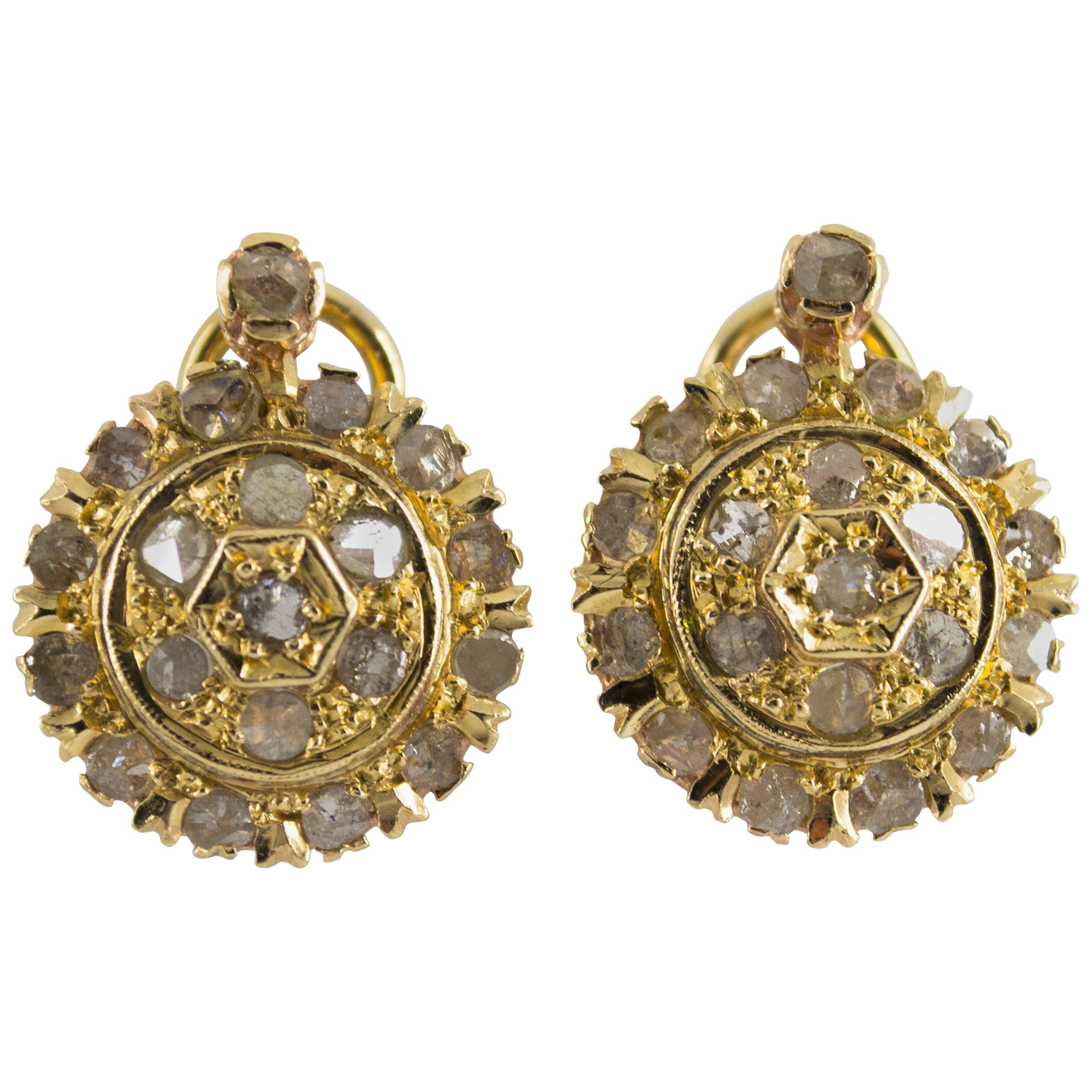 Art Deco Style 1.20 Carat White Rose Cut Diamond Yellow Gold Clip-On Earrings For Sale