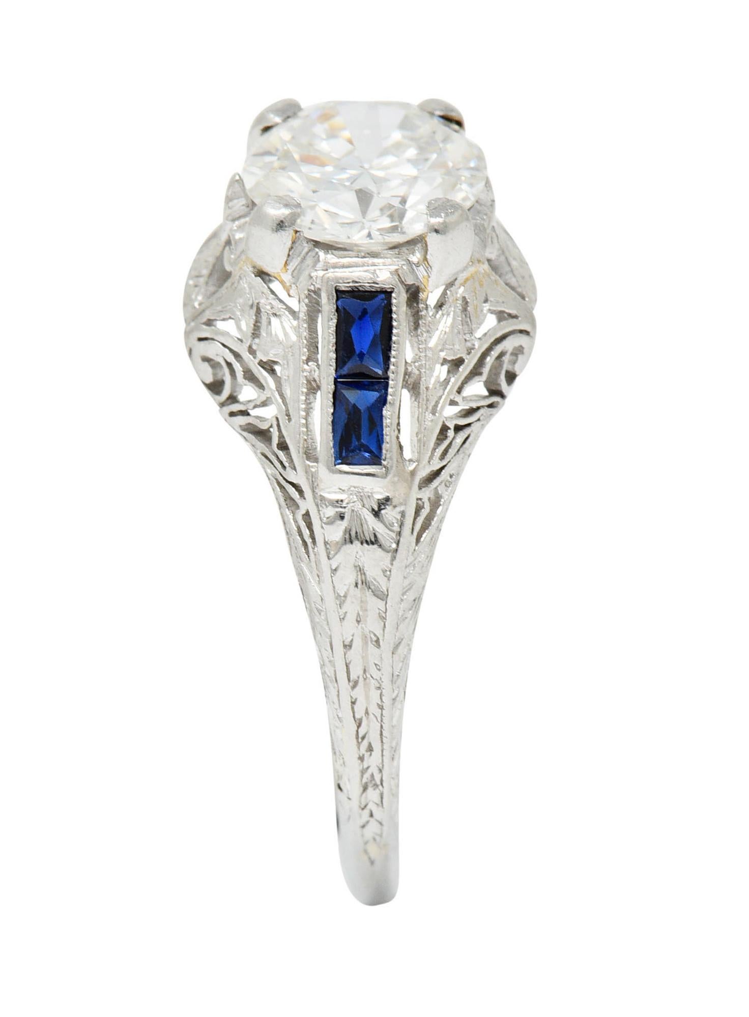 Art Deco 1.20 Carats Diamond Sapphire 14 Karat White Gold Engagement Ring 5