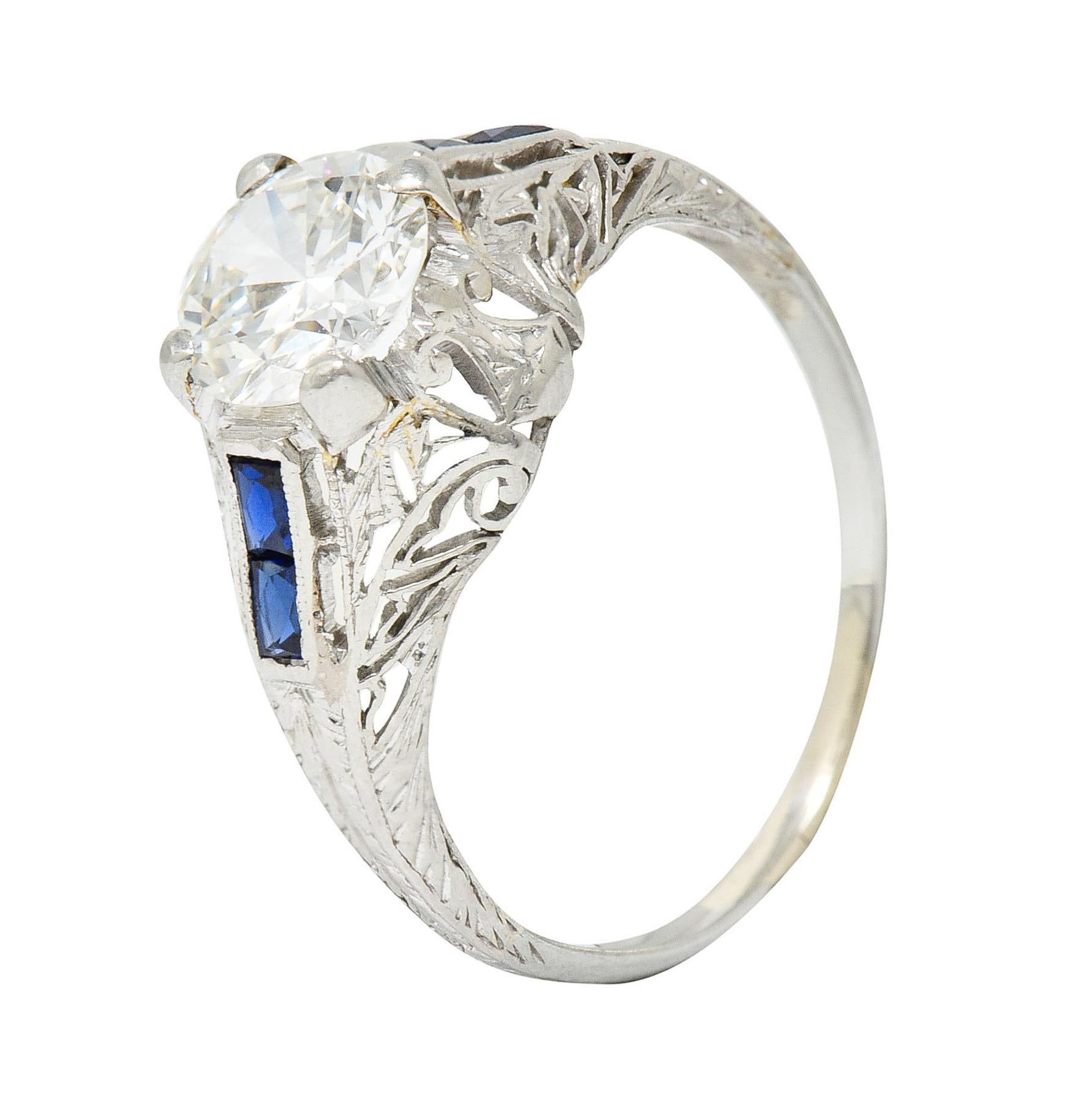 Art Deco 1.20 Carats Diamond Sapphire 14 Karat White Gold Engagement Ring 6