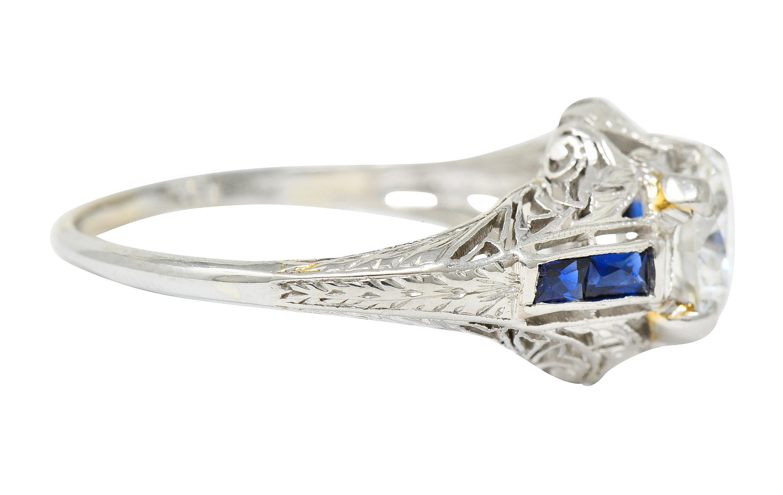 Round Cut Art Deco 1.20 Carats Diamond Sapphire 14 Karat White Gold Engagement Ring