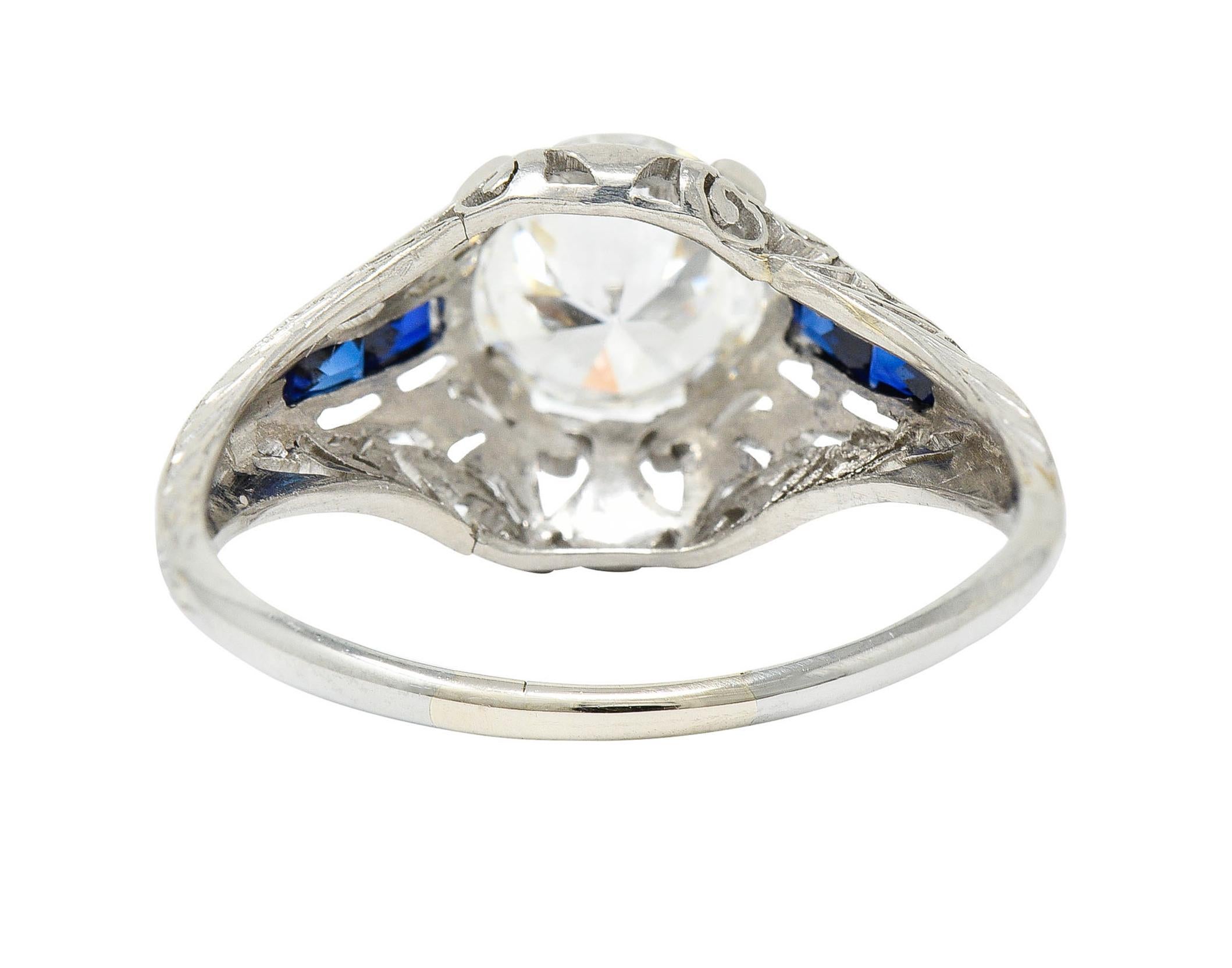 Art Deco 1.20 Carats Diamond Sapphire 14 Karat White Gold Engagement Ring In Excellent Condition In Philadelphia, PA