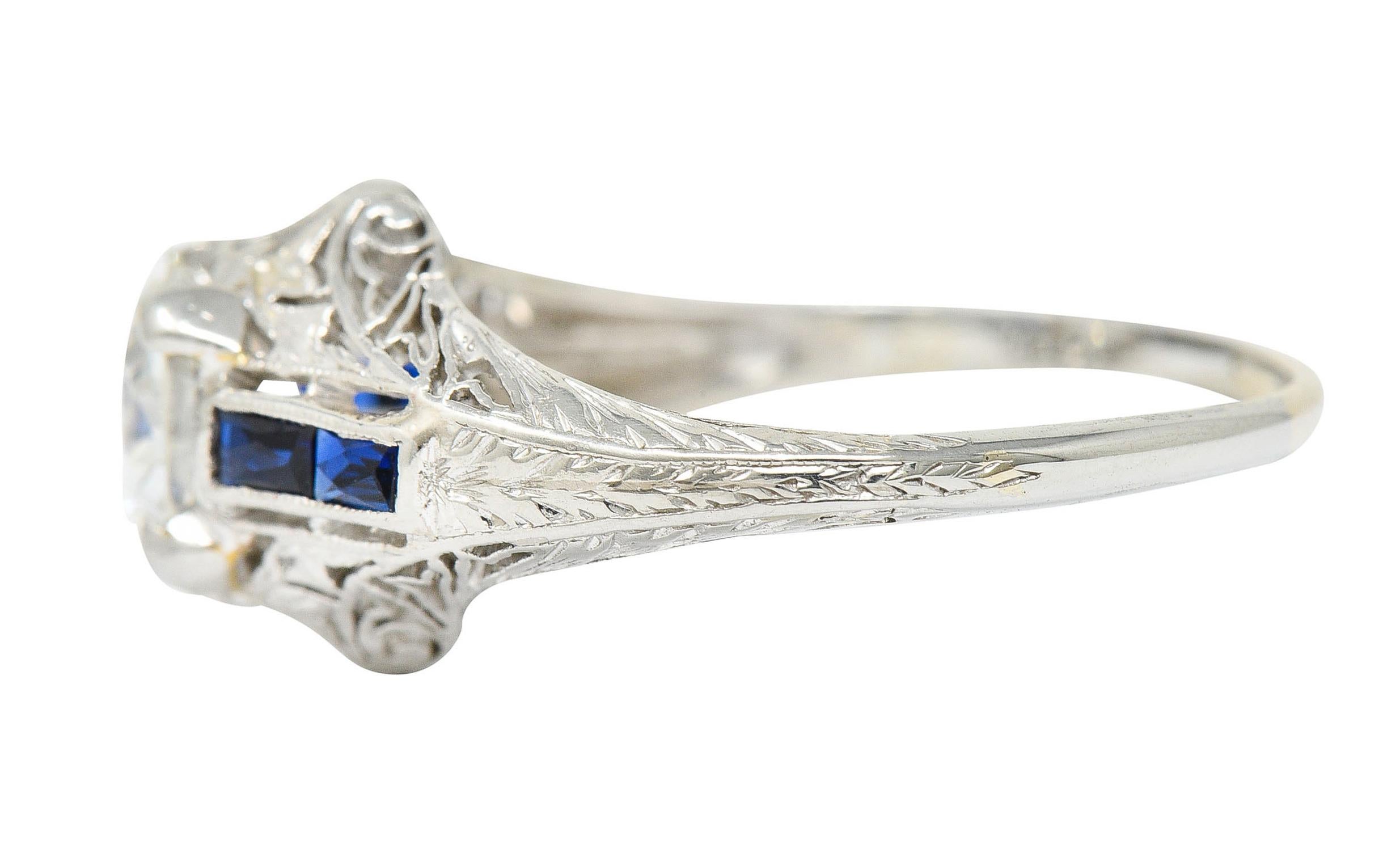 Women's or Men's Art Deco 1.20 Carats Diamond Sapphire 14 Karat White Gold Engagement Ring