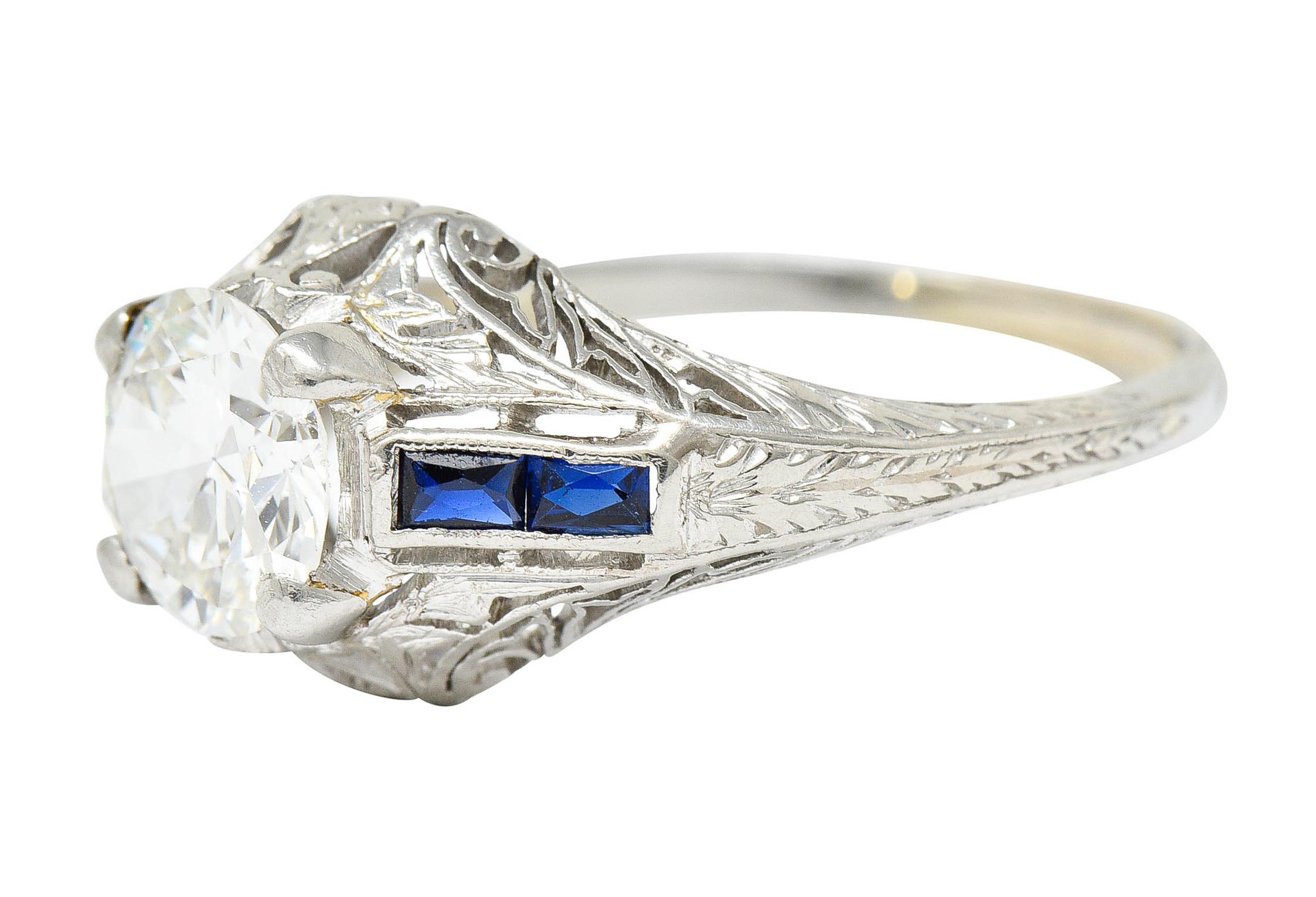 Art Deco 1.20 Carats Diamond Sapphire 14 Karat White Gold Engagement Ring 1