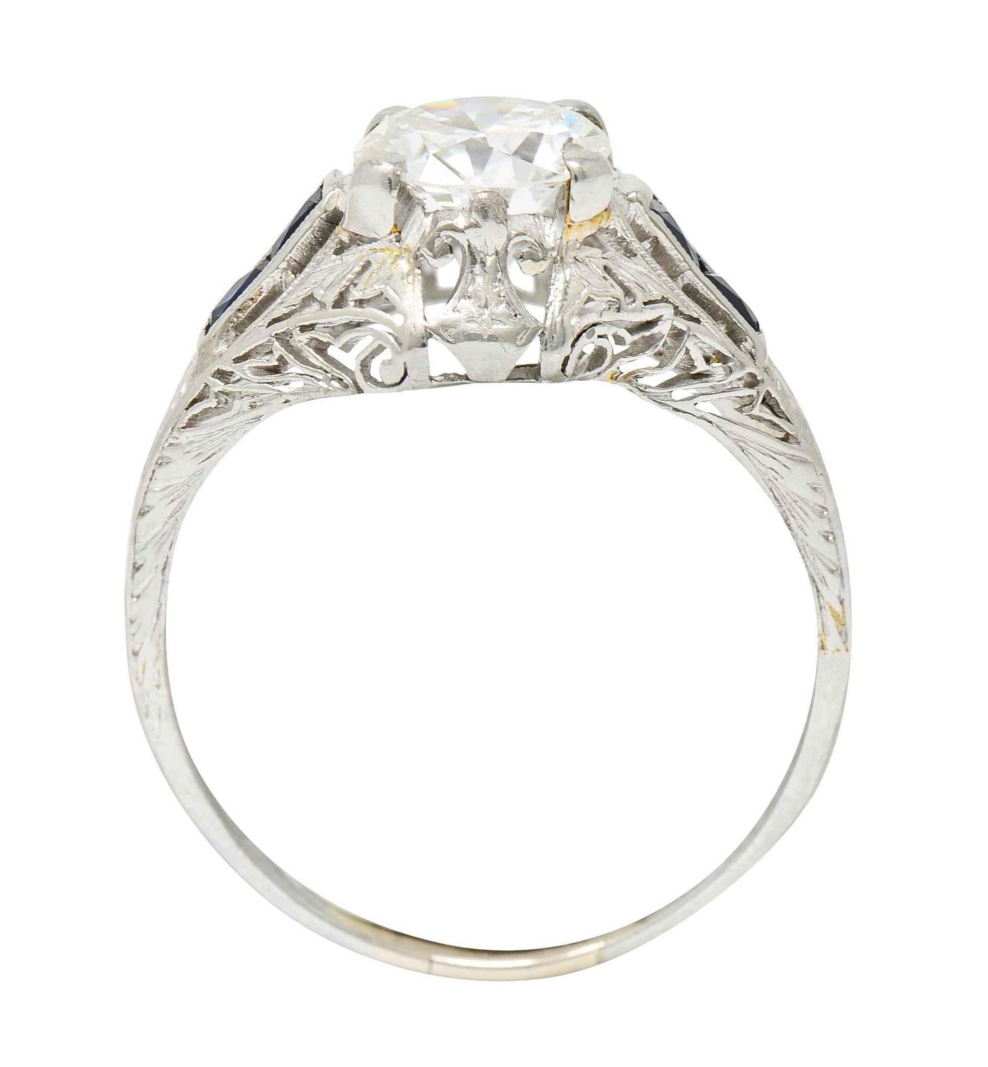 Art Deco 1.20 Carats Diamond Sapphire 14 Karat White Gold Engagement Ring 3