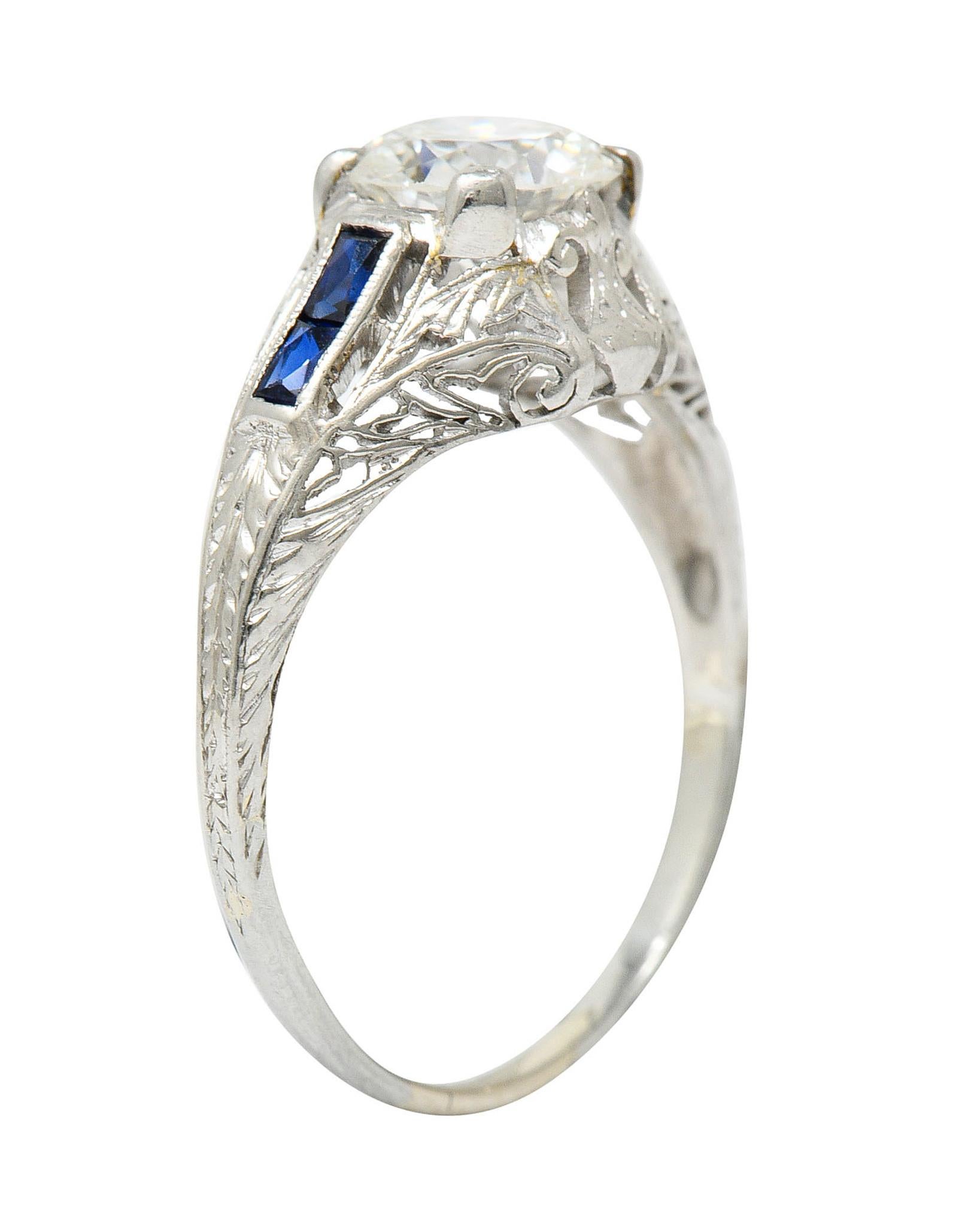 Art Deco 1.20 Carats Diamond Sapphire 14 Karat White Gold Engagement Ring 4