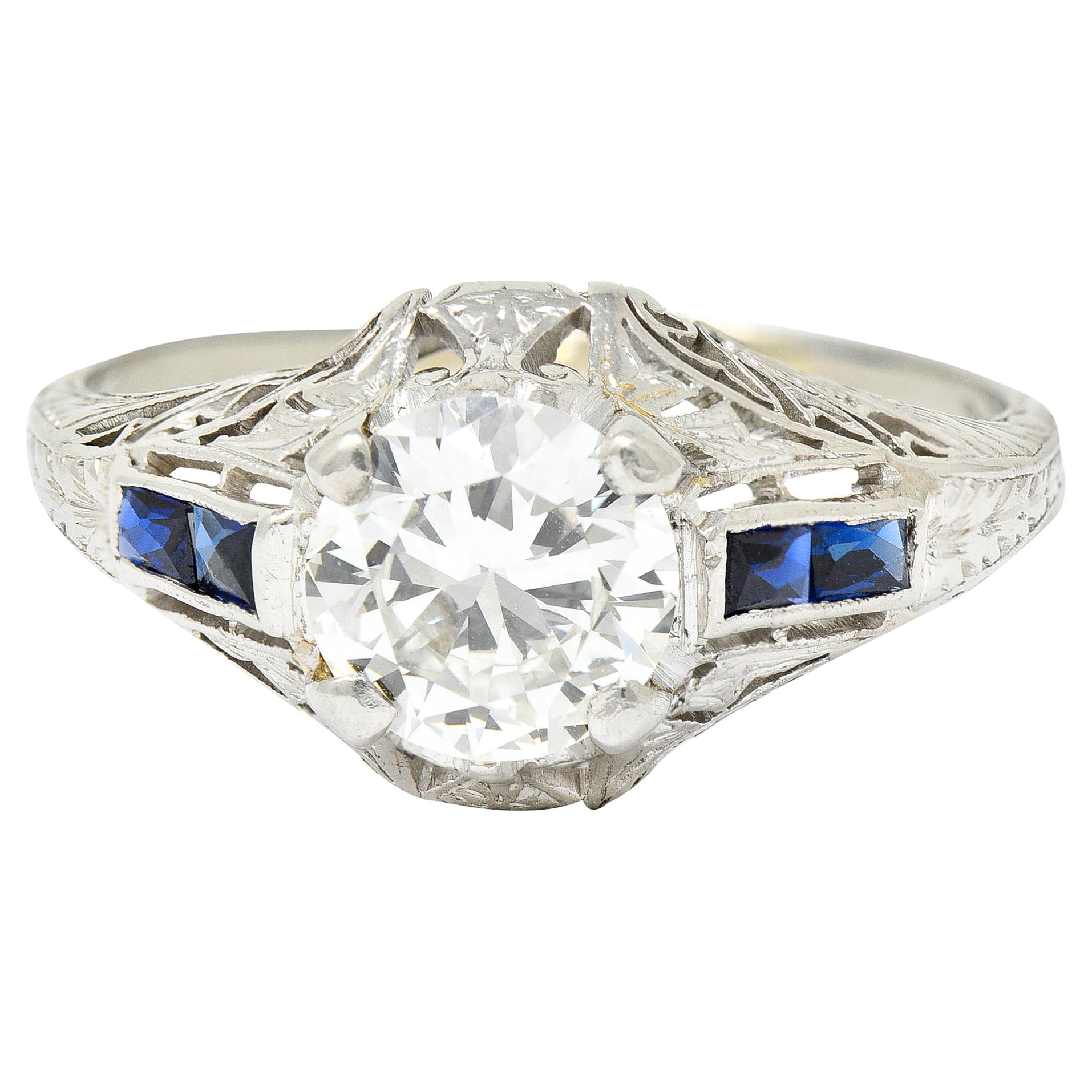 Art Deco 1.20 Carats Diamond Sapphire 14 Karat White Gold Engagement Ring