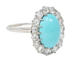 Art Deco 1.20 Carats Turquoise Cabochon Diamond 14 Karat White Gold Halo Ring
