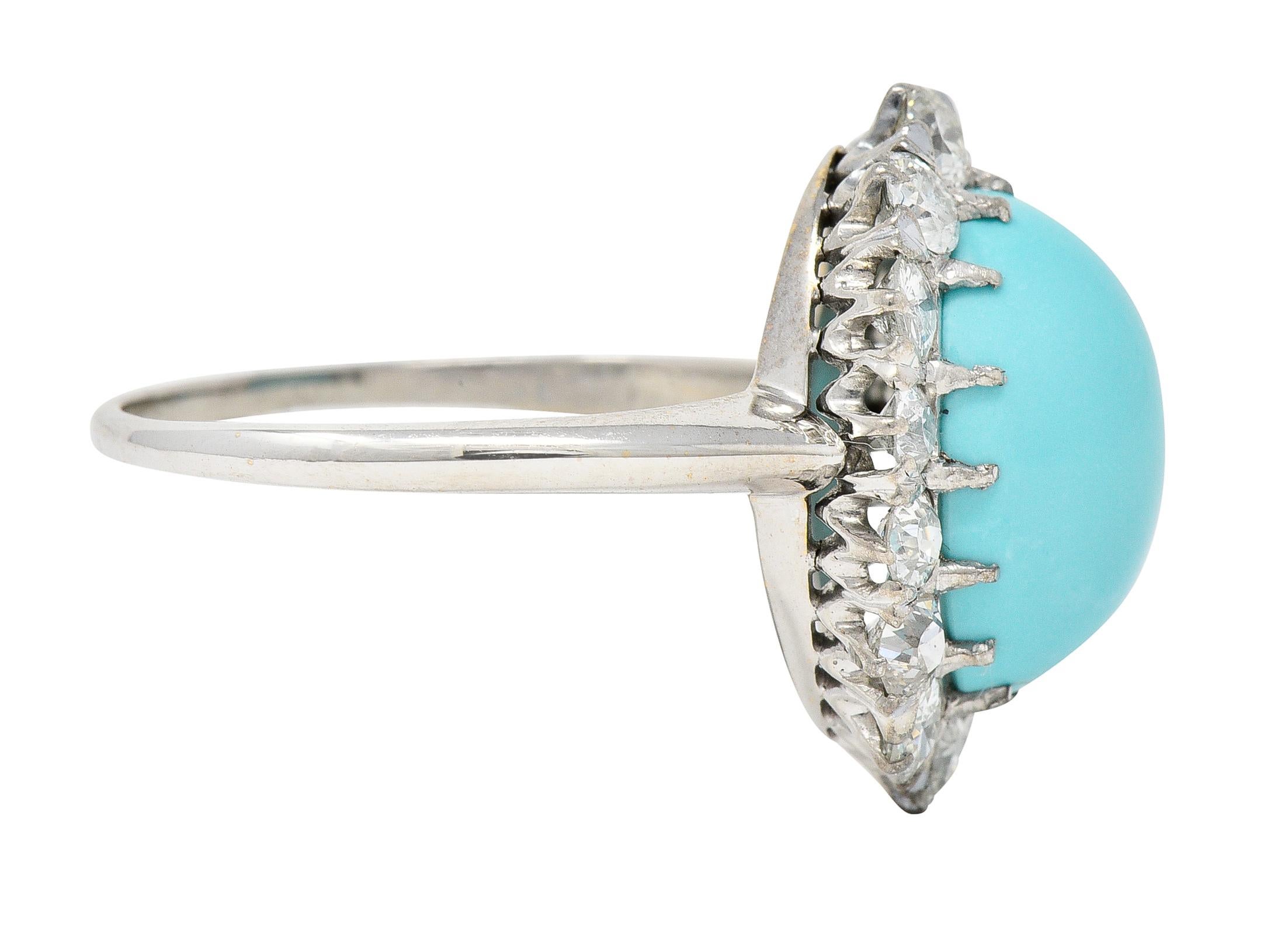 Art Deco 1.20 Carats Turquoise Cabochon Diamond 14 Karat White Gold Halo Ring In Excellent Condition For Sale In Philadelphia, PA
