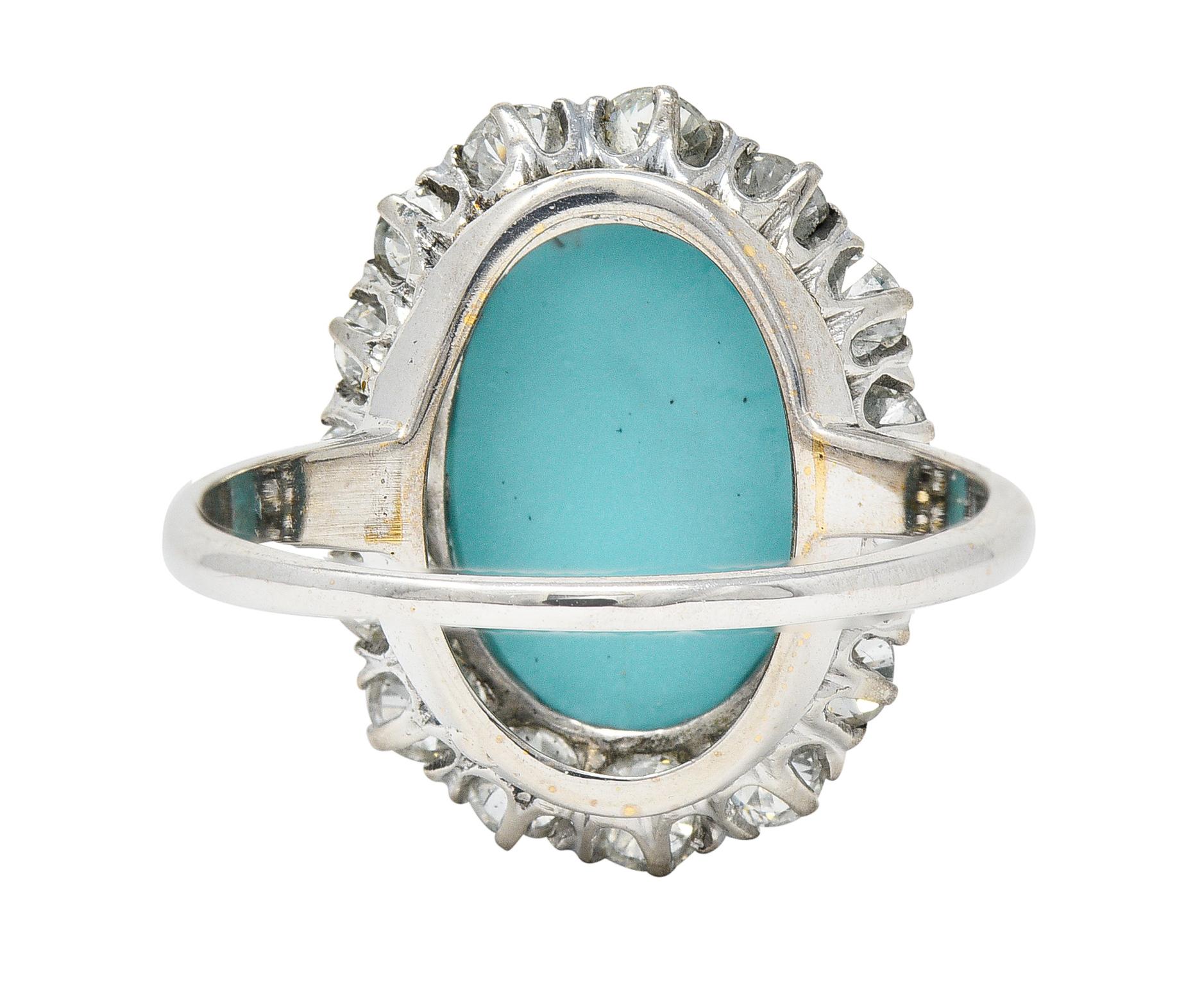 Women's or Men's Art Deco 1.20 Carats Turquoise Cabochon Diamond 14 Karat White Gold Halo Ring For Sale