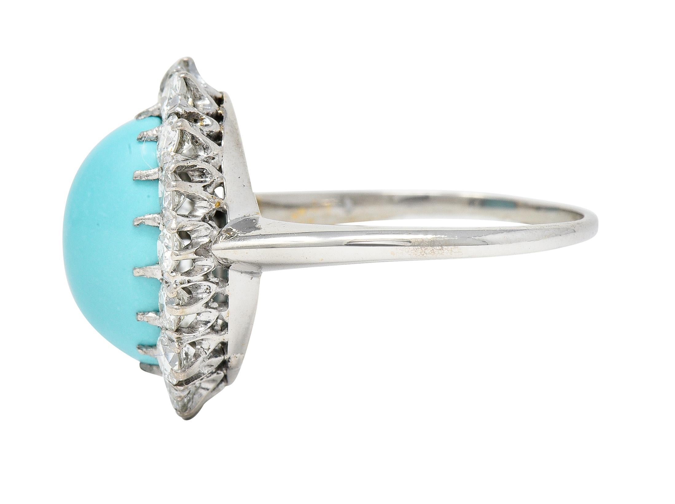 Art Deco 1.20 Carats Turquoise Cabochon Diamond 14 Karat White Gold Halo Ring For Sale 1