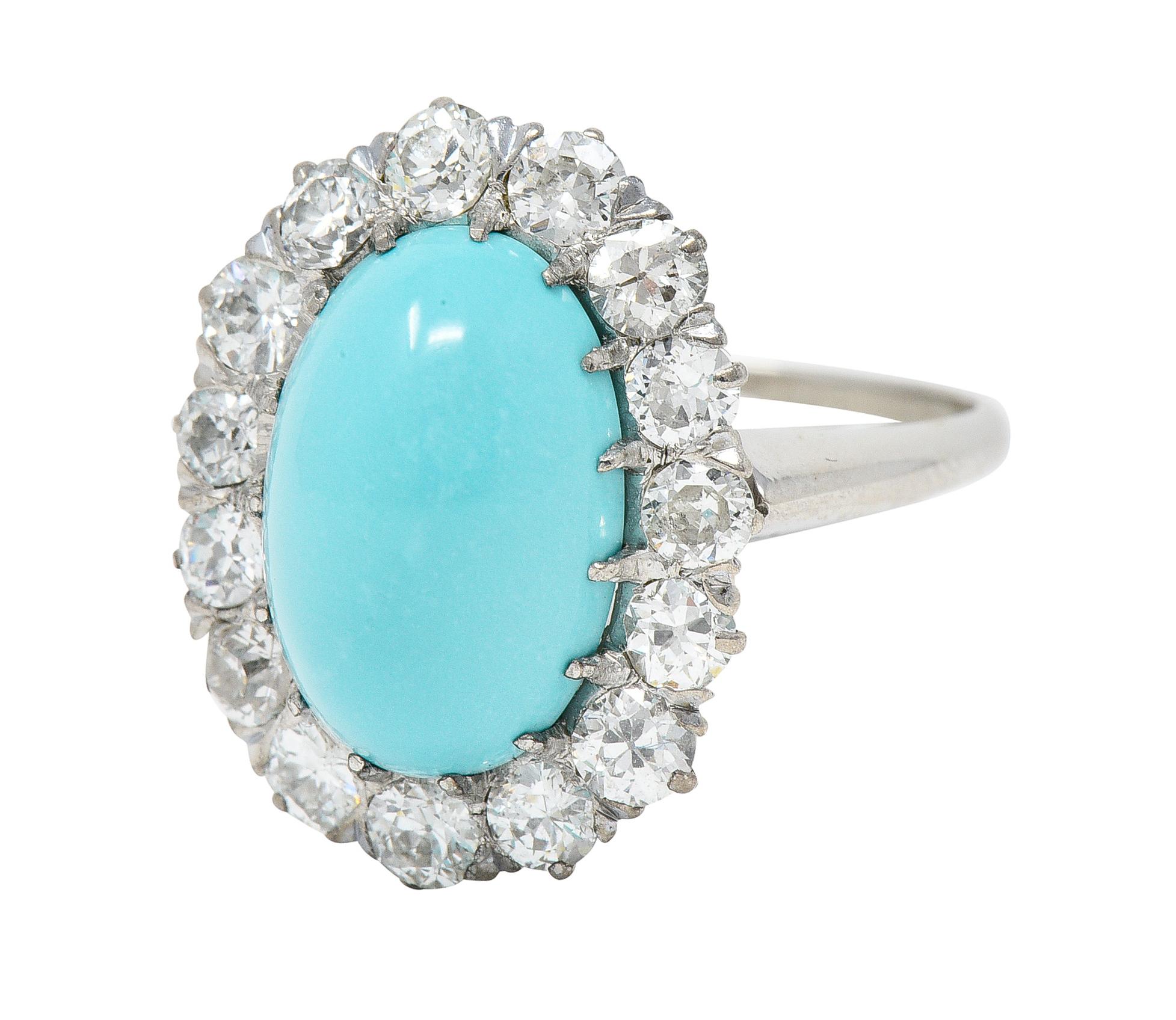 Art Deco 1.20 Carats Turquoise Cabochon Diamond 14 Karat White Gold Halo Ring For Sale 2