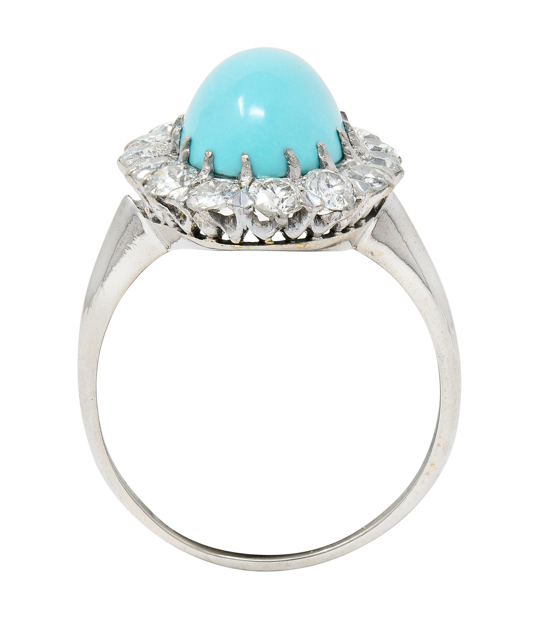 Art Deco 1.20 Carats Turquoise Cabochon Diamond 14 Karat White Gold Halo Ring For Sale 3