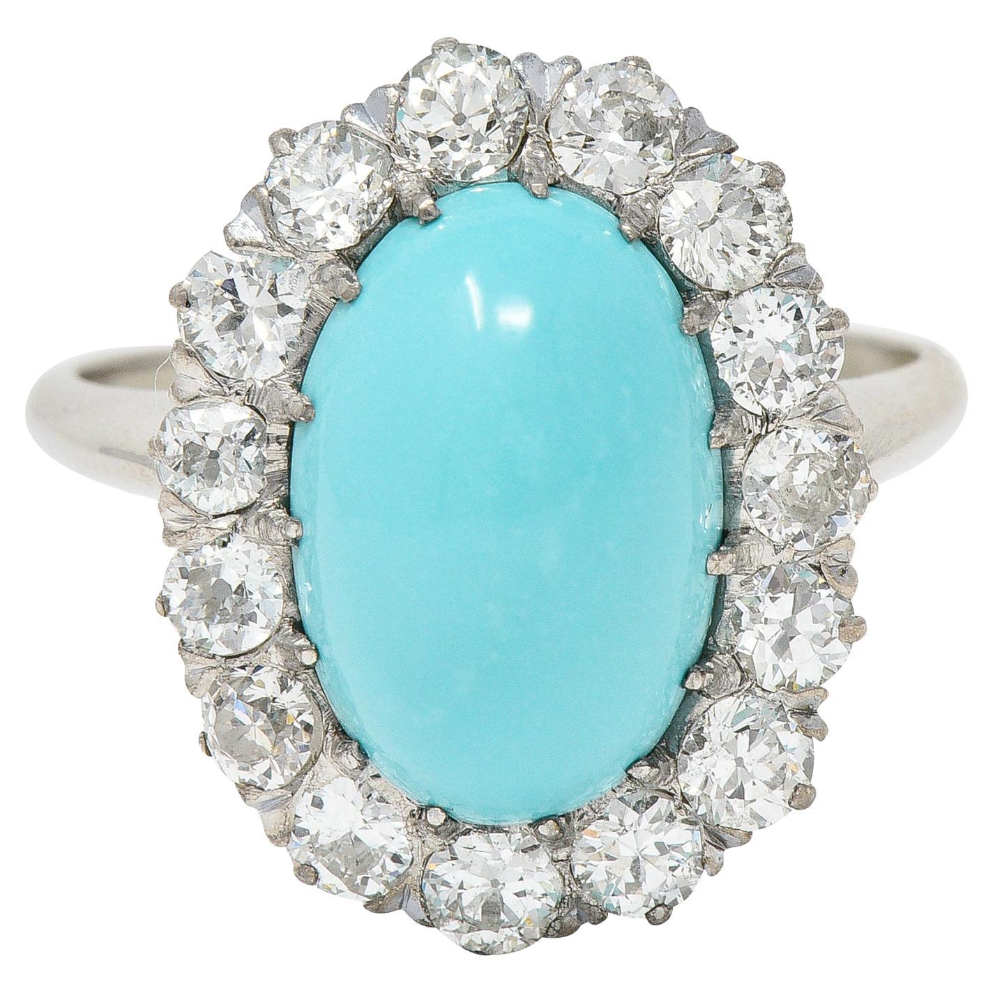 Art Deco 1.20 Carats Turquoise Cabochon Diamond 14 Karat White Gold Halo Ring For Sale