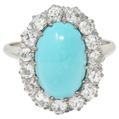 Art Deco 1.20 Carats Turquoise Cabochon Diamond 14 Karat White Gold Halo Ring