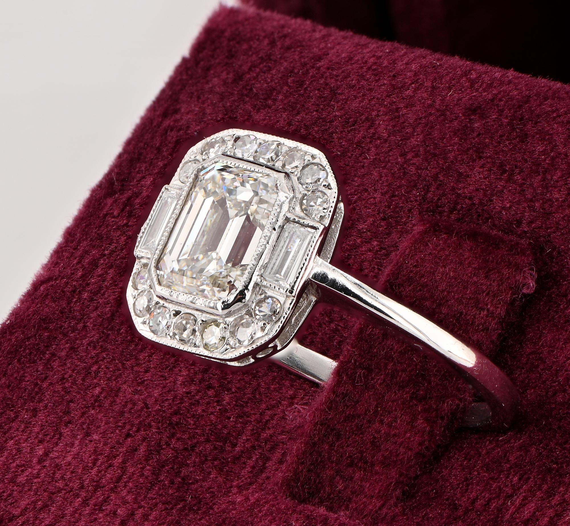 Women's or Men's Art Deco 1.20 Ct Emerald Cut Diamond Solitaire Platinum Ring For Sale