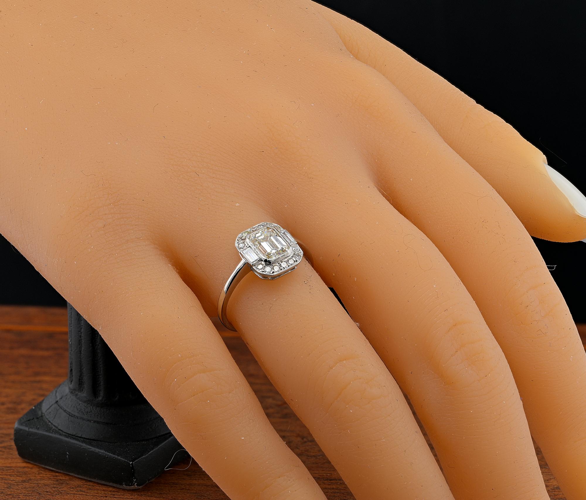 Art Deco 1.20 Ct Emerald Cut Diamond Solitaire Platinum Ring For Sale 2