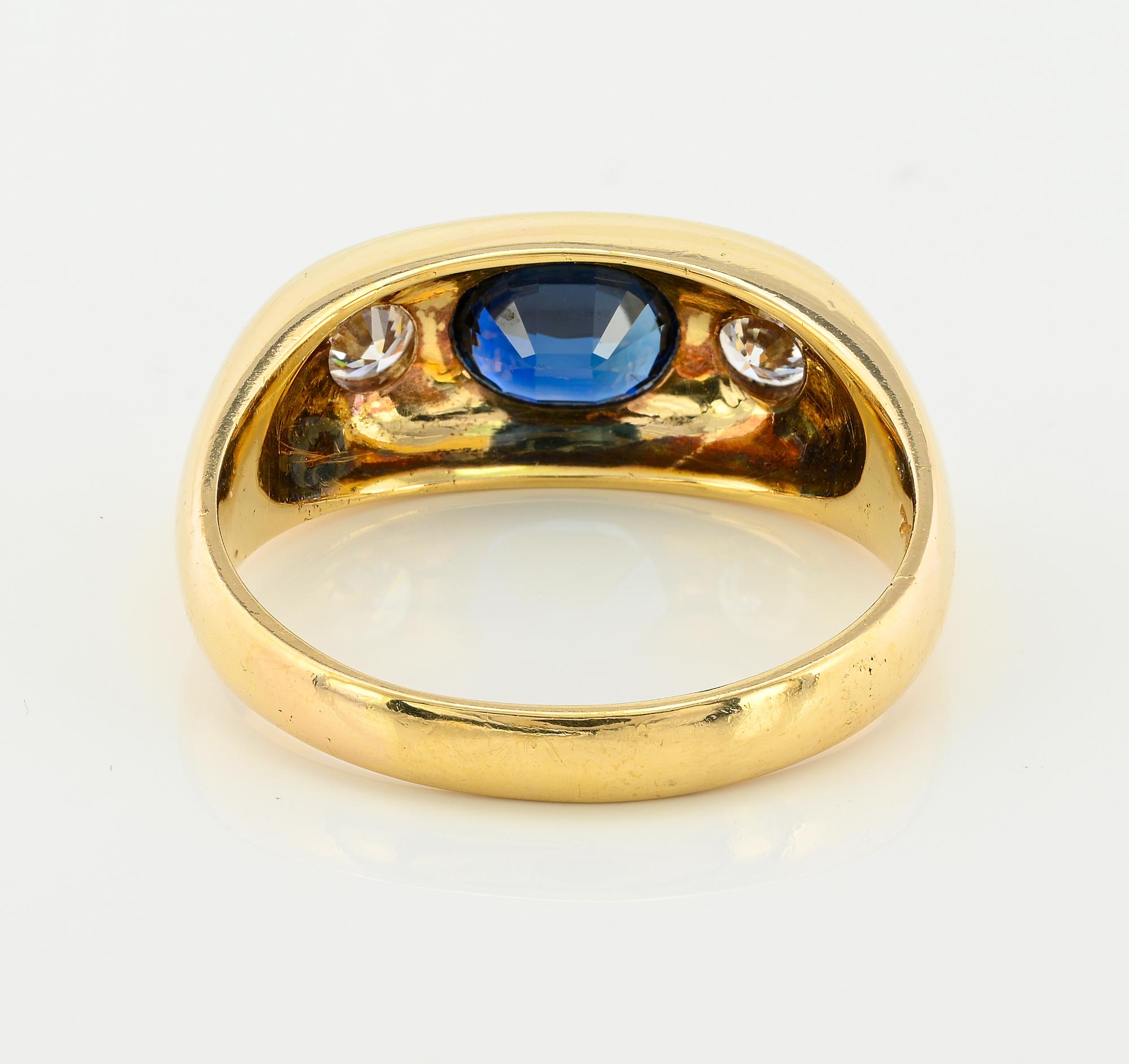 Art Deco 1.20 Ct Natural Sapphire .40 Ct Diamond Three Stone Gent 18 KT Ring For Sale 2