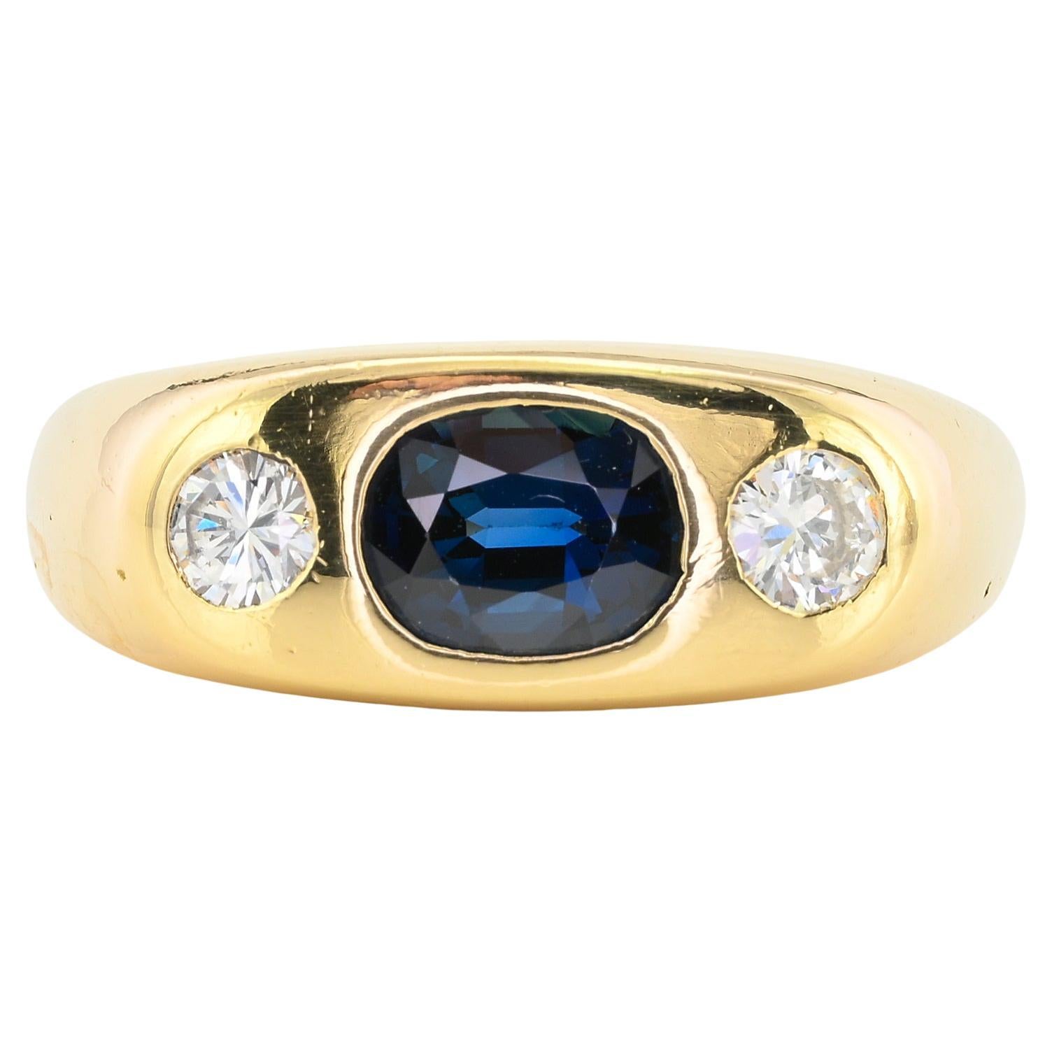 Art Deco 1.20 Ct Natural Sapphire .40 Ct Diamond Three Stone Gent 18 KT Ring For Sale