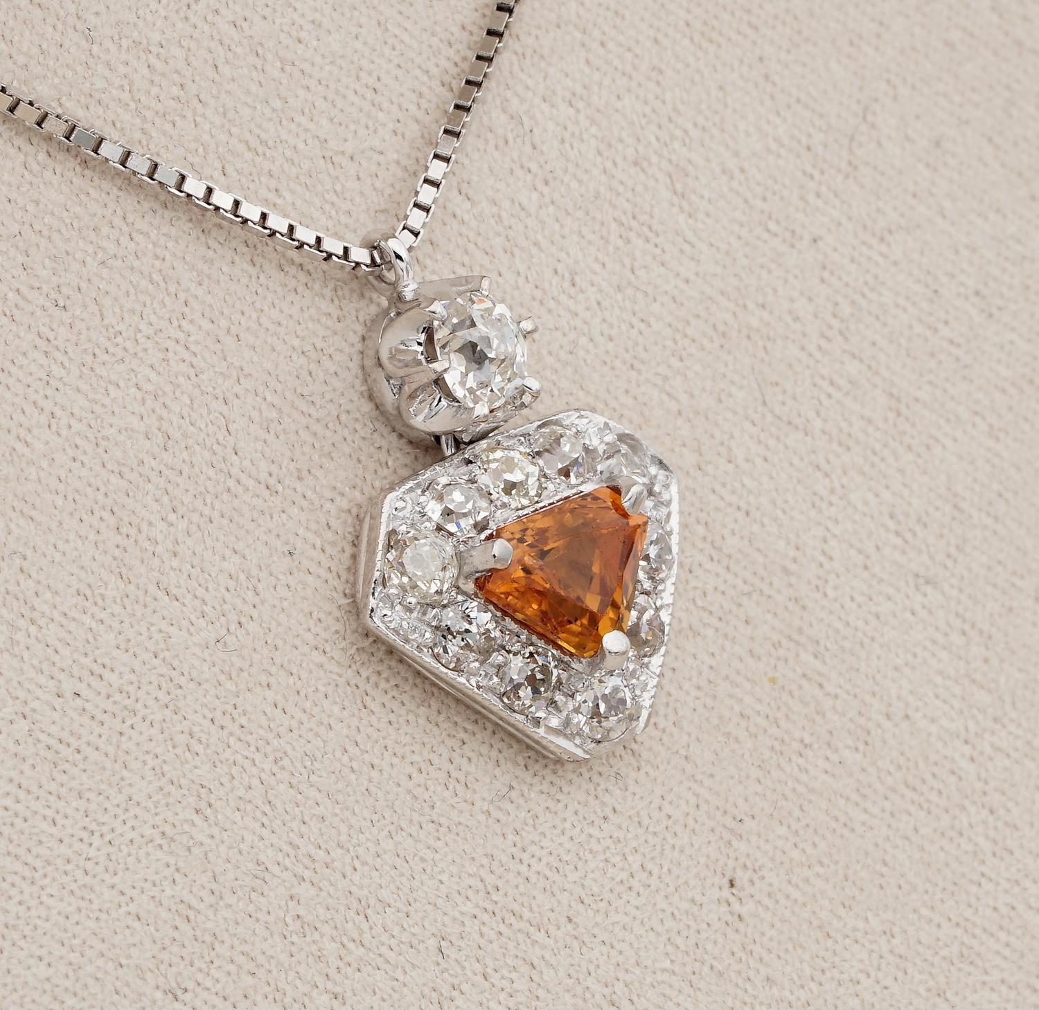 Art Deco 1.20 Carat No Heat Orange Sapphire 1.20 Old Cut Diamond Shield Pendant In Good Condition For Sale In Napoli, IT