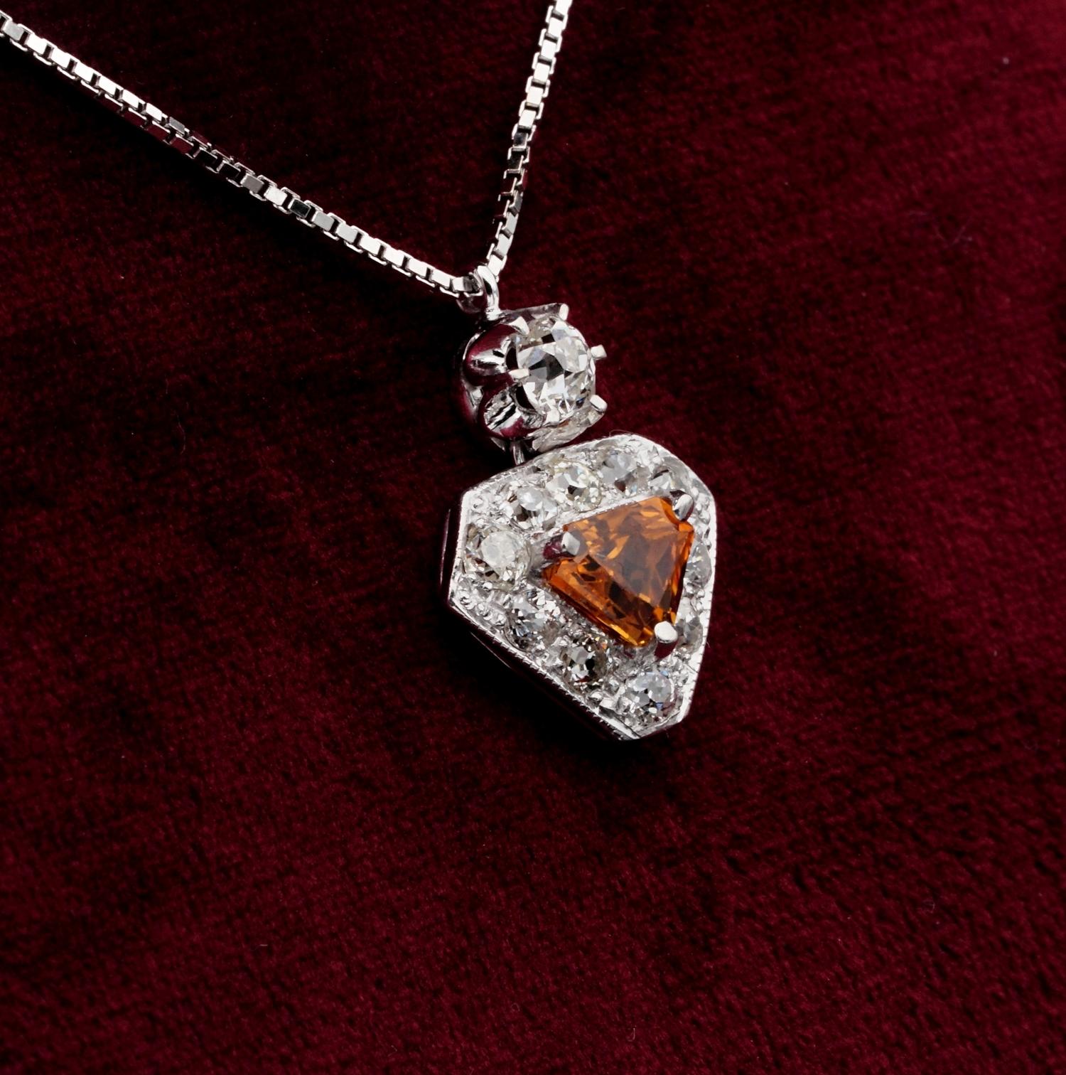 Women's or Men's Art Deco 1.20 Carat No Heat Orange Sapphire 1.20 Old Cut Diamond Shield Pendant For Sale