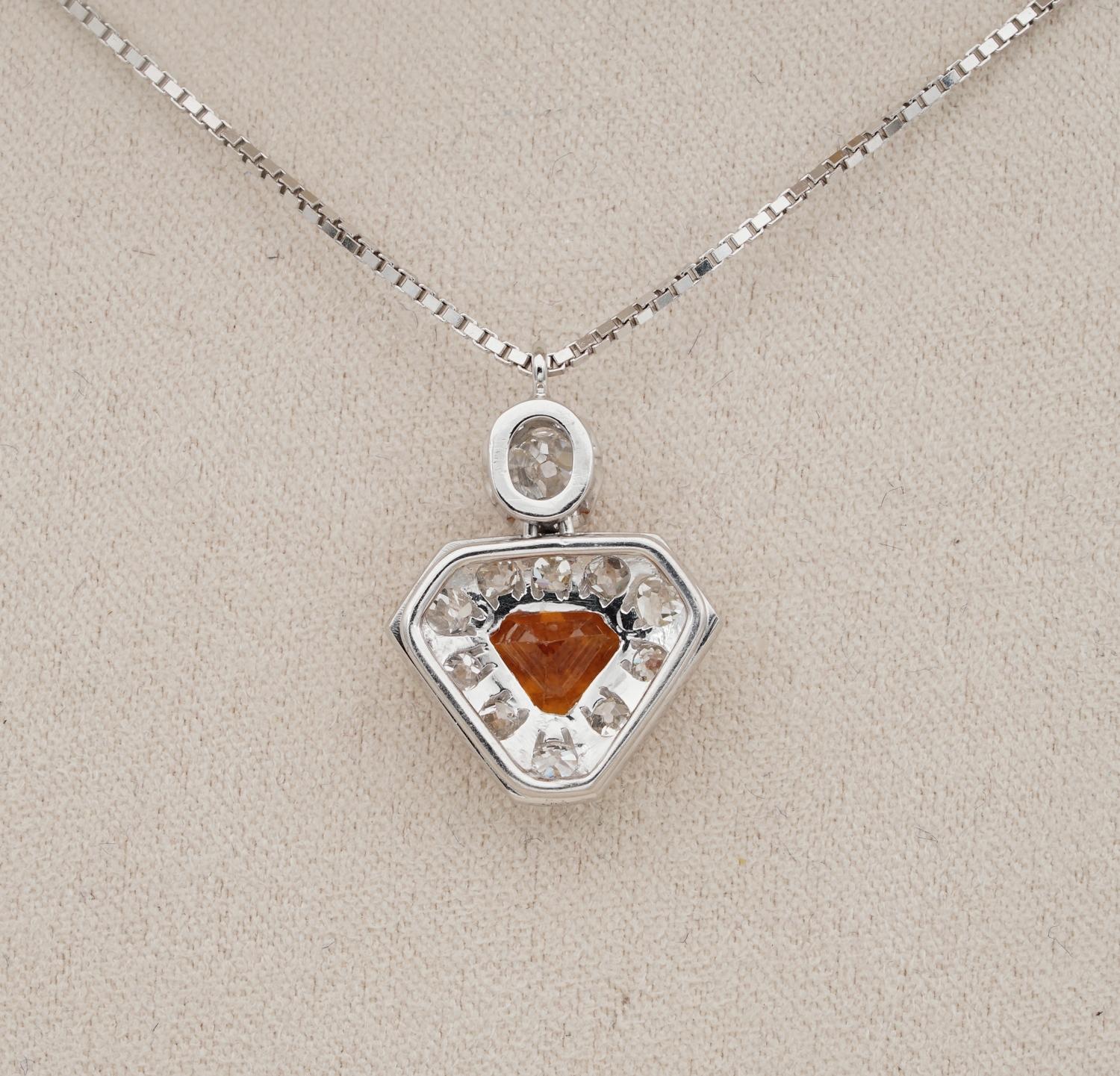 Art Deco 1.20 Carat No Heat Orange Sapphire 1.20 Old Cut Diamond Shield Pendant For Sale 2