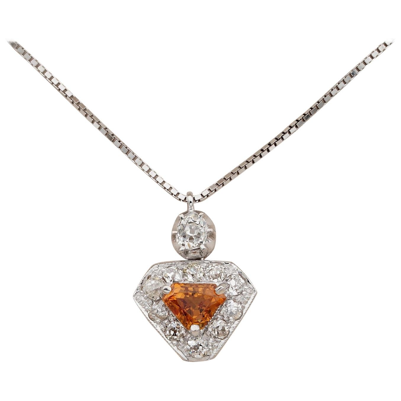 Art Deco 1.20 Carat No Heat Orange Sapphire 1.20 Old Cut Diamond Shield Pendant For Sale