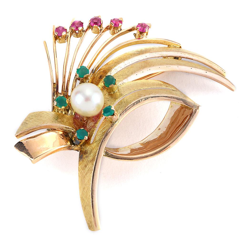 Art Deco 1.20 CTTW Pearl, Ruby, And Emerald Pin Brooch In 14K Yellow Gold In Excellent Condition For Sale In Chicago, IL