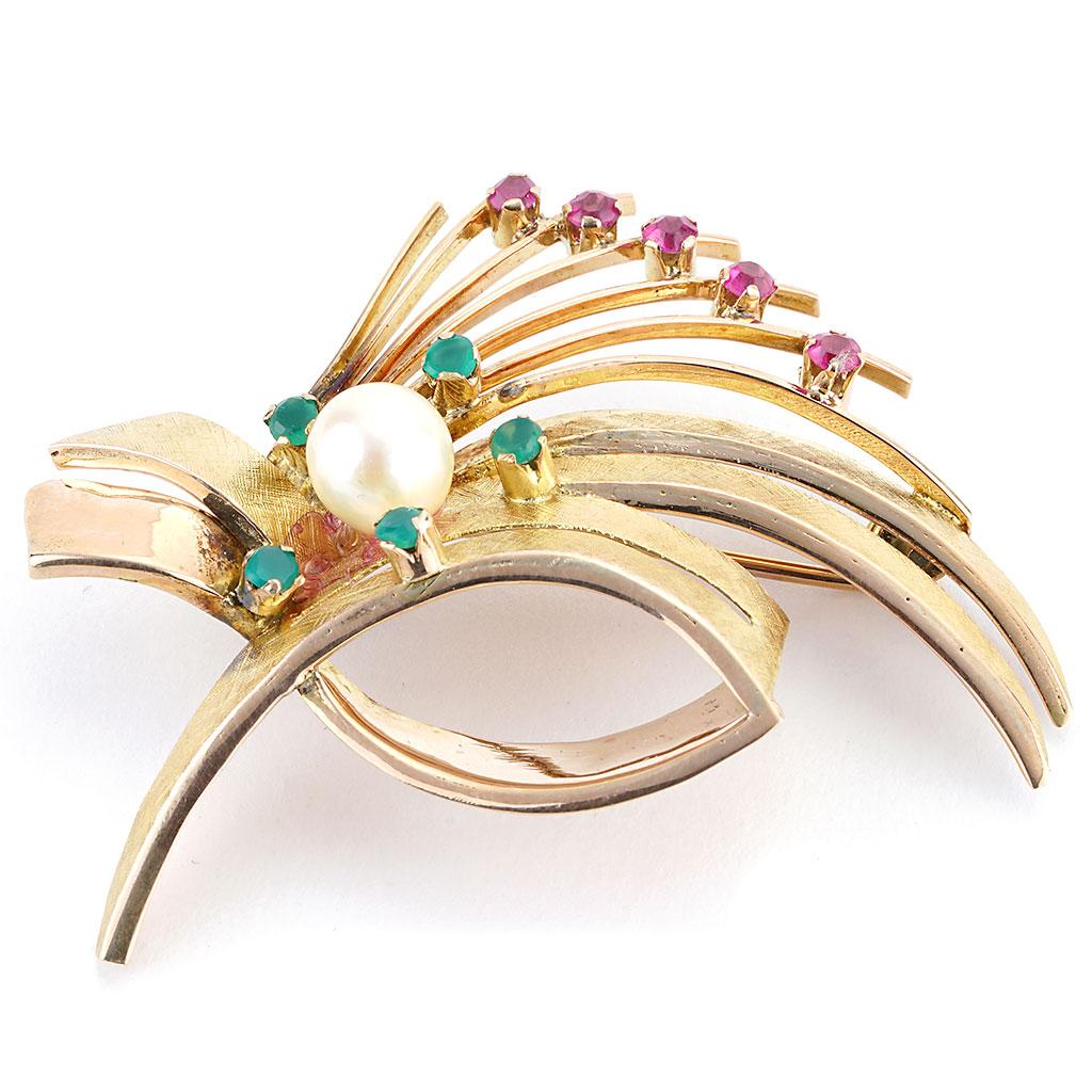 Women's Art Deco 1.20 CTTW Pearl, Ruby, And Emerald Pin Brooch In 14K Yellow Gold For Sale