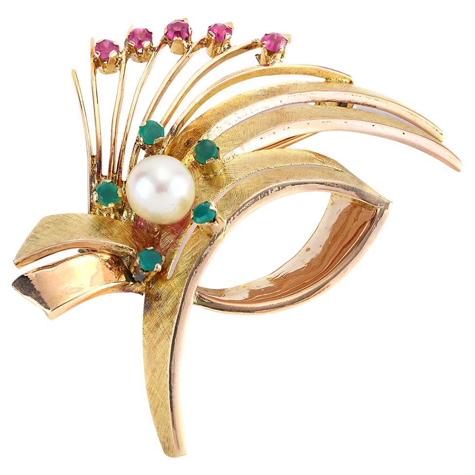 Art Deco 1.20 CTTW Pearl, Ruby, And Emerald Pin Brooch In 14K Yellow Gold For Sale
