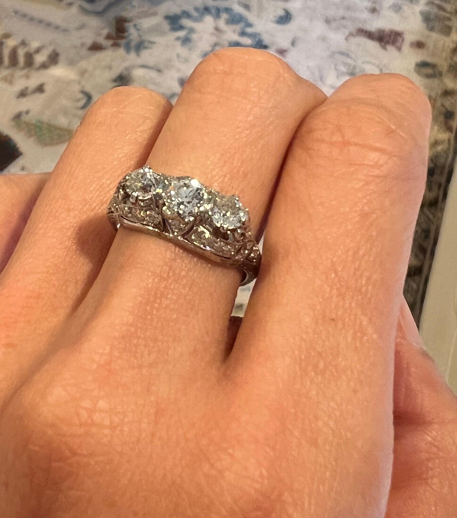 Art Deco 1.20 Cttw, Three Stone Diamond Platinum Ring Signed Birks For Sale 2