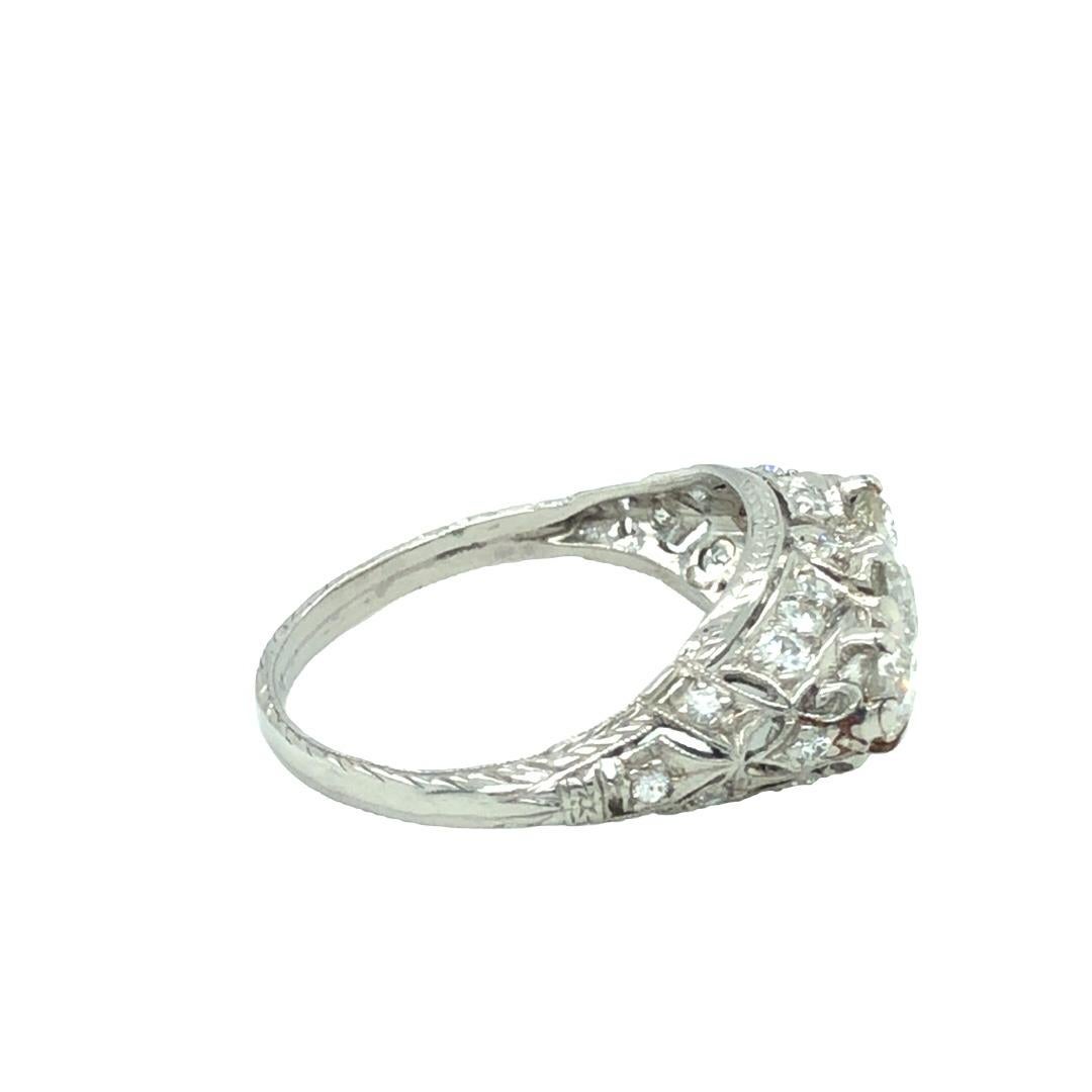 Old European Cut Art Deco 1.20 Cttw, Three Stone Diamond Platinum Ring Signed Birks For Sale