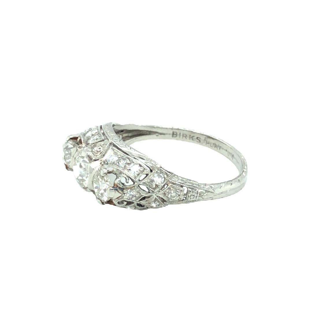 Art Deco 1.20 Cttw, Three Stone Diamond Platinum Ring Signed Birks In Excellent Condition For Sale In beverly hills, CA