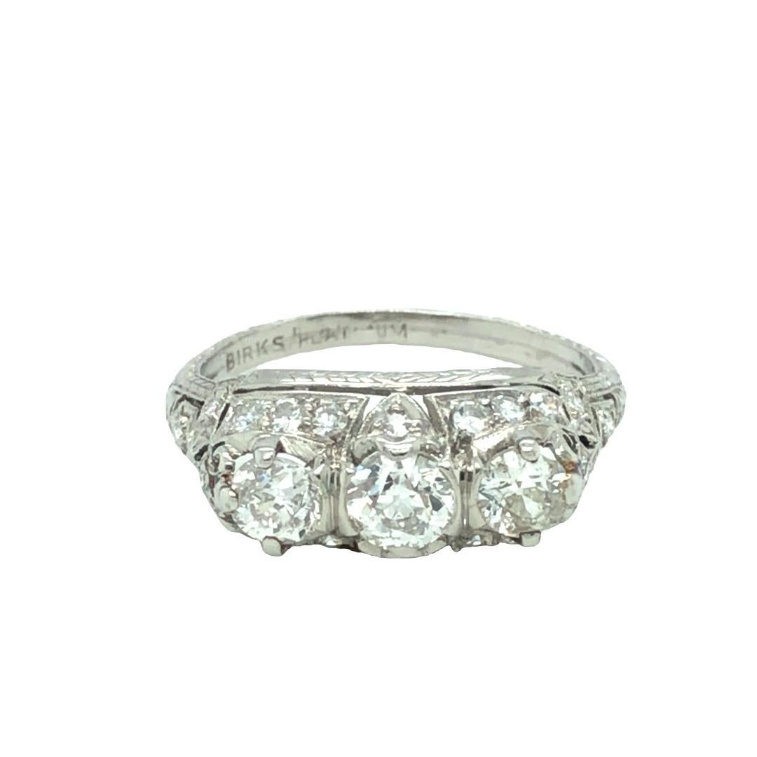 Art Deco 1.20 Cttw, Three Stone Diamond Platinum Ring Signed Birks For Sale 1